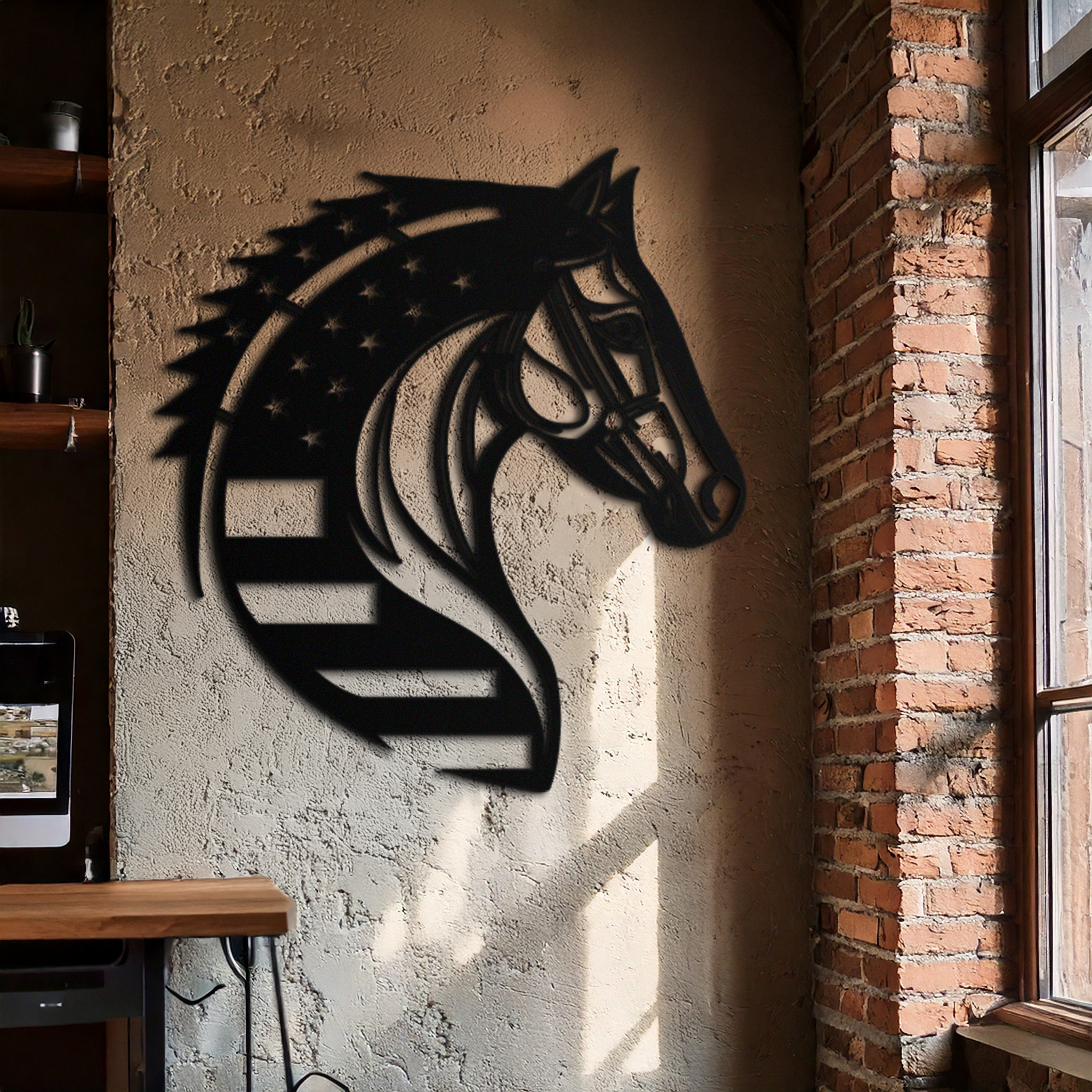 American Flag Horse Head Metal Wall Art – Patriotic Black Steel Equine Decor for Home, Barn and Ranch Interiors- KAF445