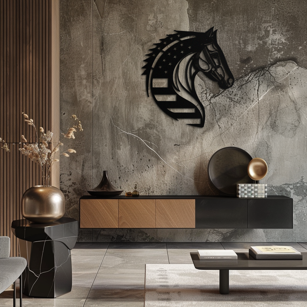 Image of American Flag Horse Head Metal Wall Art – Patriotic Black Steel Equine Decor for Home, Barn and Ranch Interiors- KAF445