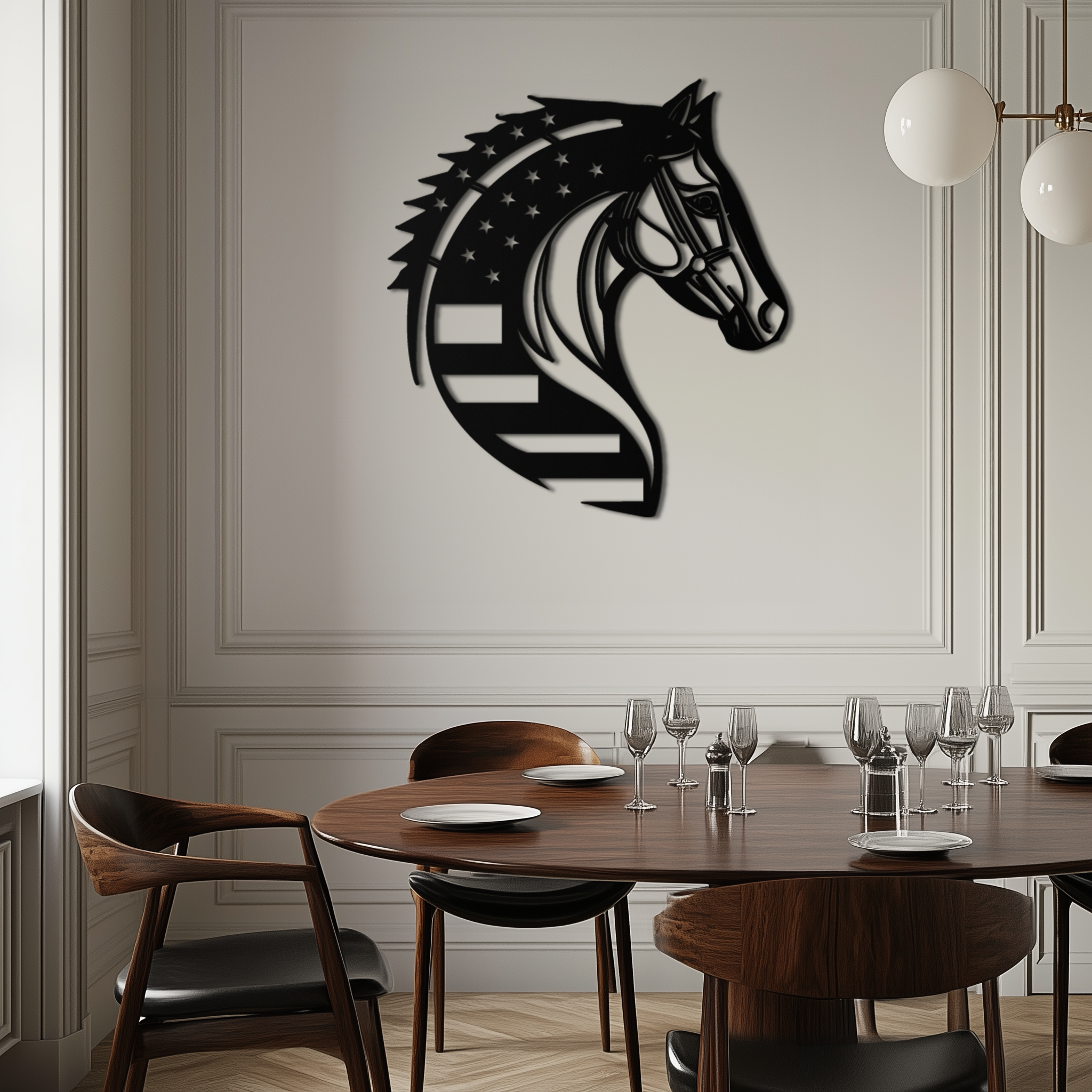 American Flag Horse Head Metal Wall Art – Patriotic Black Steel Equine Decor for Home, Barn and Ranch Interiors- KAF445