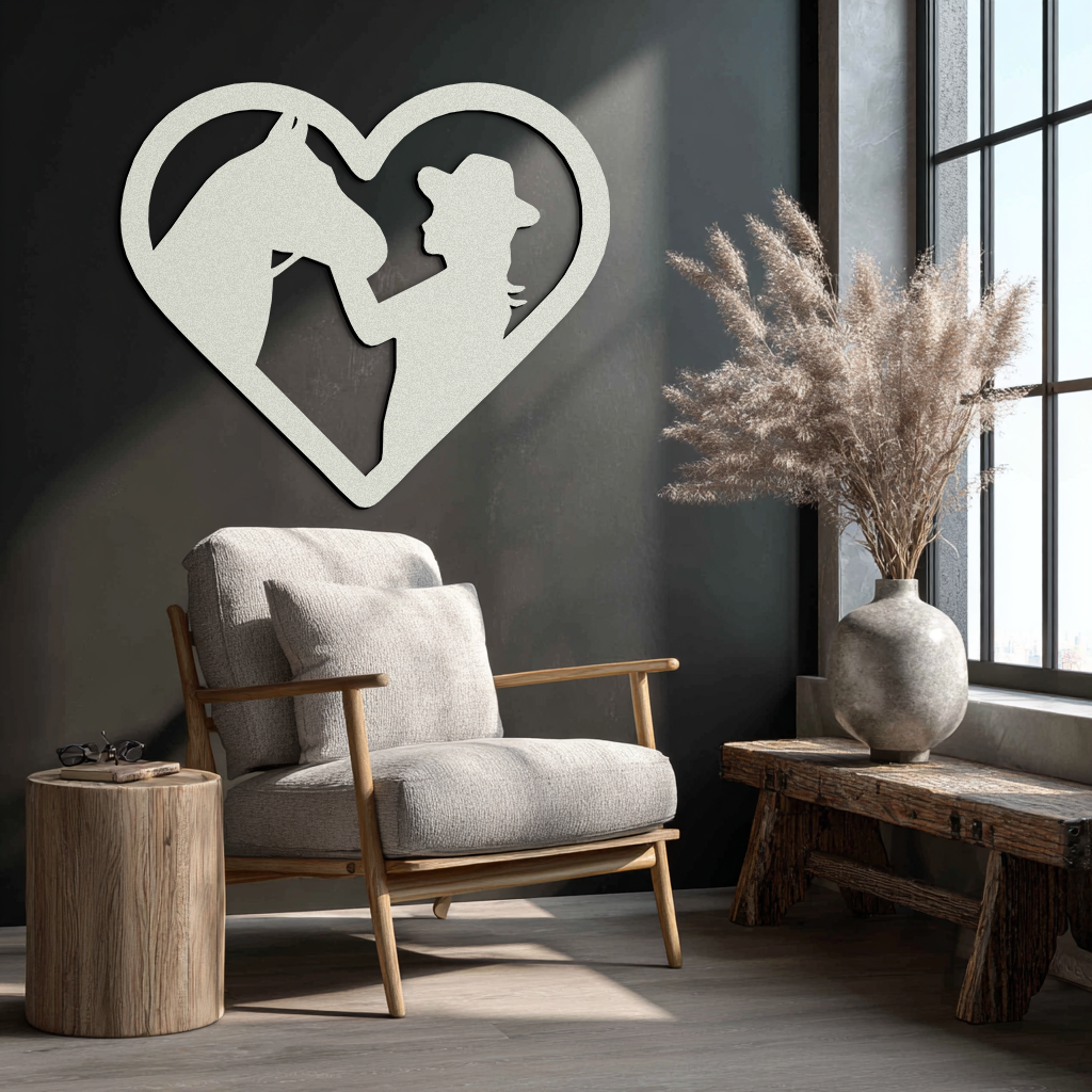 Image of Girl and Horse Silhouette Heart Metal Wall Art – Farmhouse Horse Lover Gift- KAF548