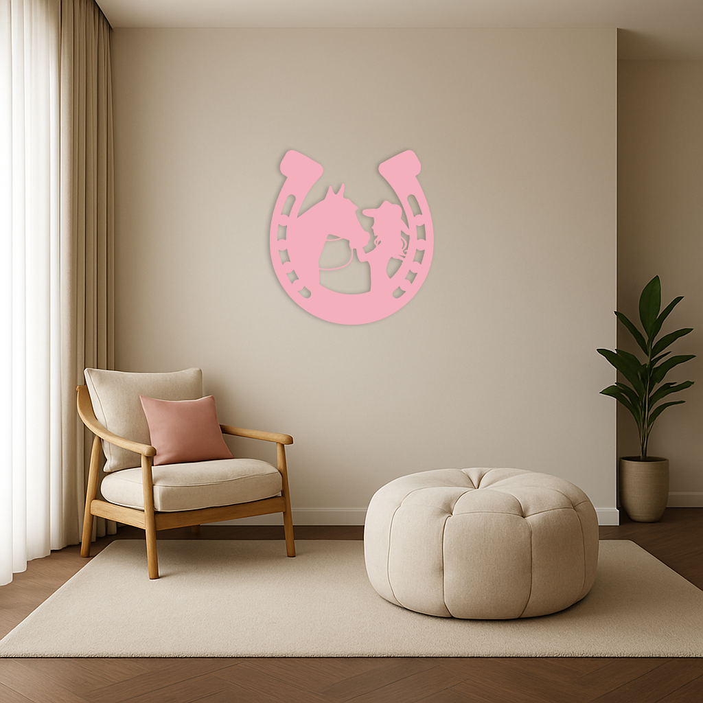 Pink Cowgirl and Horse Silhouette Metal Wall Art – Western Horseshoe Decor - KAFGP023