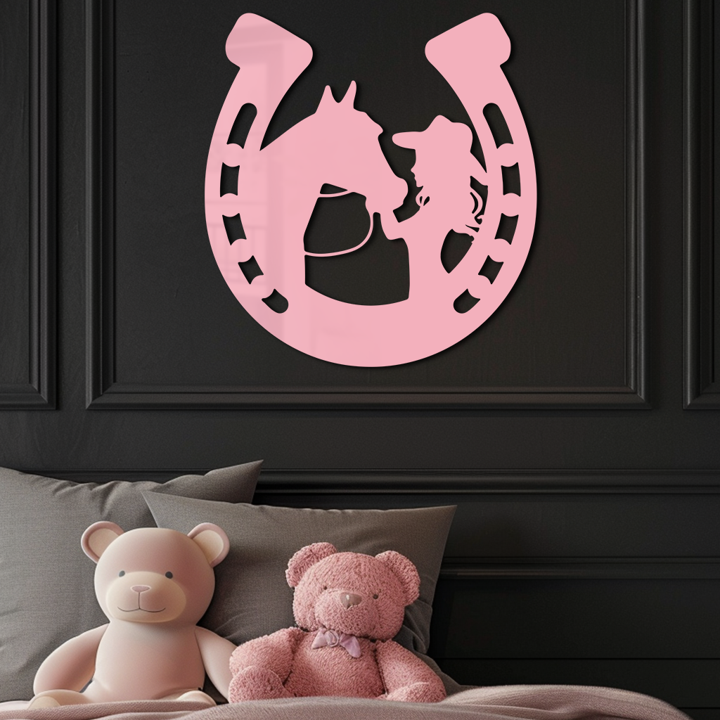 Image of Pink Cowgirl and Horse Silhouette Metal Wall Art – Western Horseshoe Decor - KAFGP023