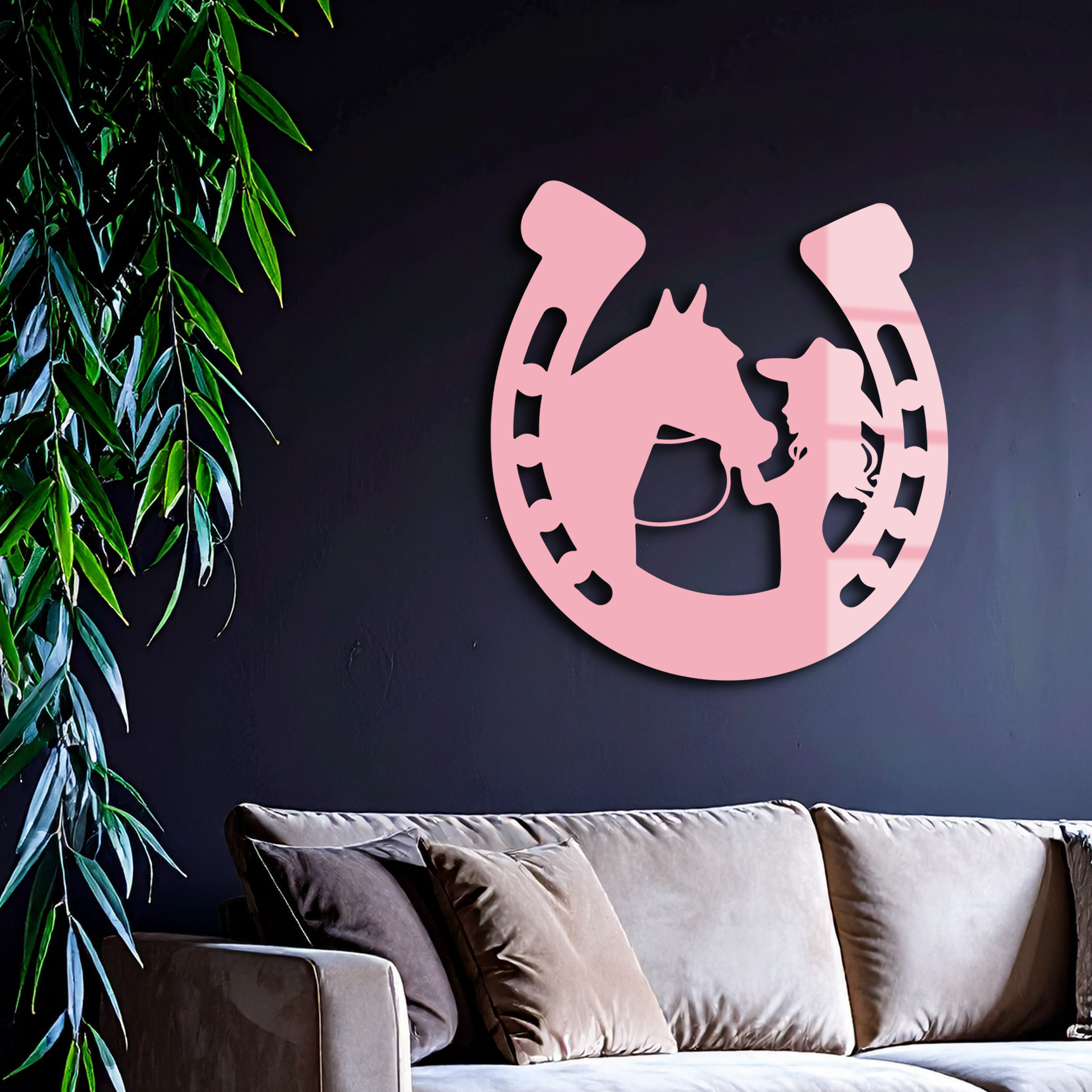 Image of Pink Cowgirl and Horse Silhouette Metal Wall Art – Western Horseshoe Decor - KAFGP023