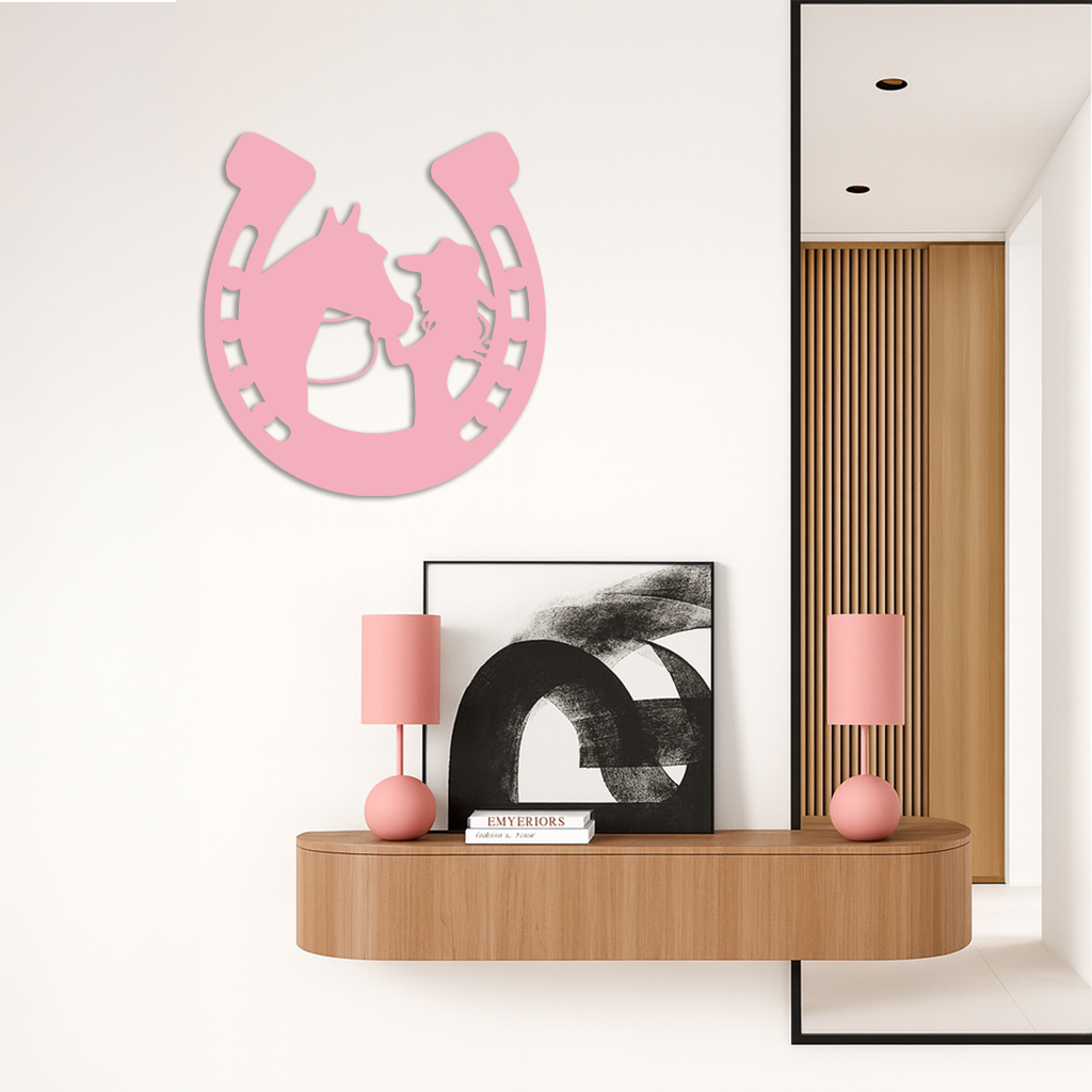 Image of Pink Cowgirl and Horse Silhouette Metal Wall Art – Western Horseshoe Decor - KAFGP023