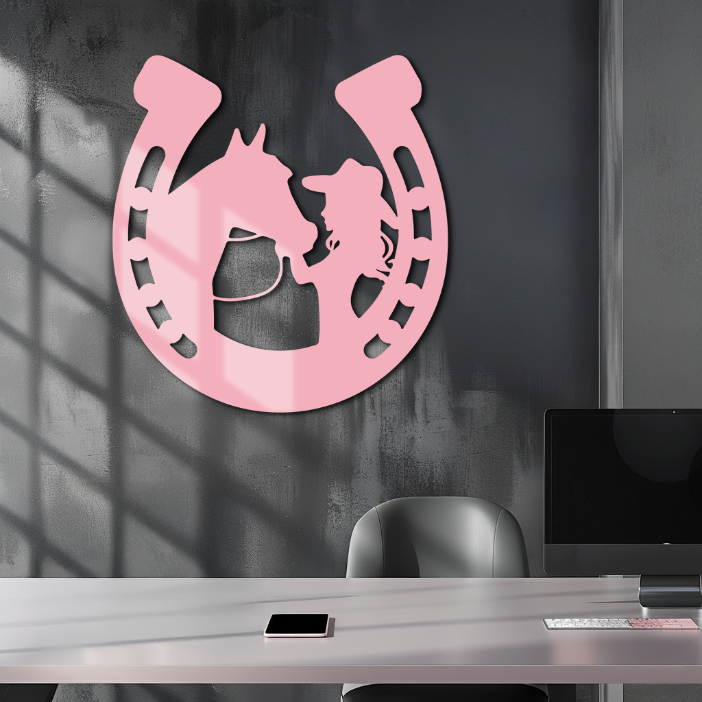 Image of Pink Cowgirl and Horse Silhouette Metal Wall Art – Western Horseshoe Decor - KAFGP023