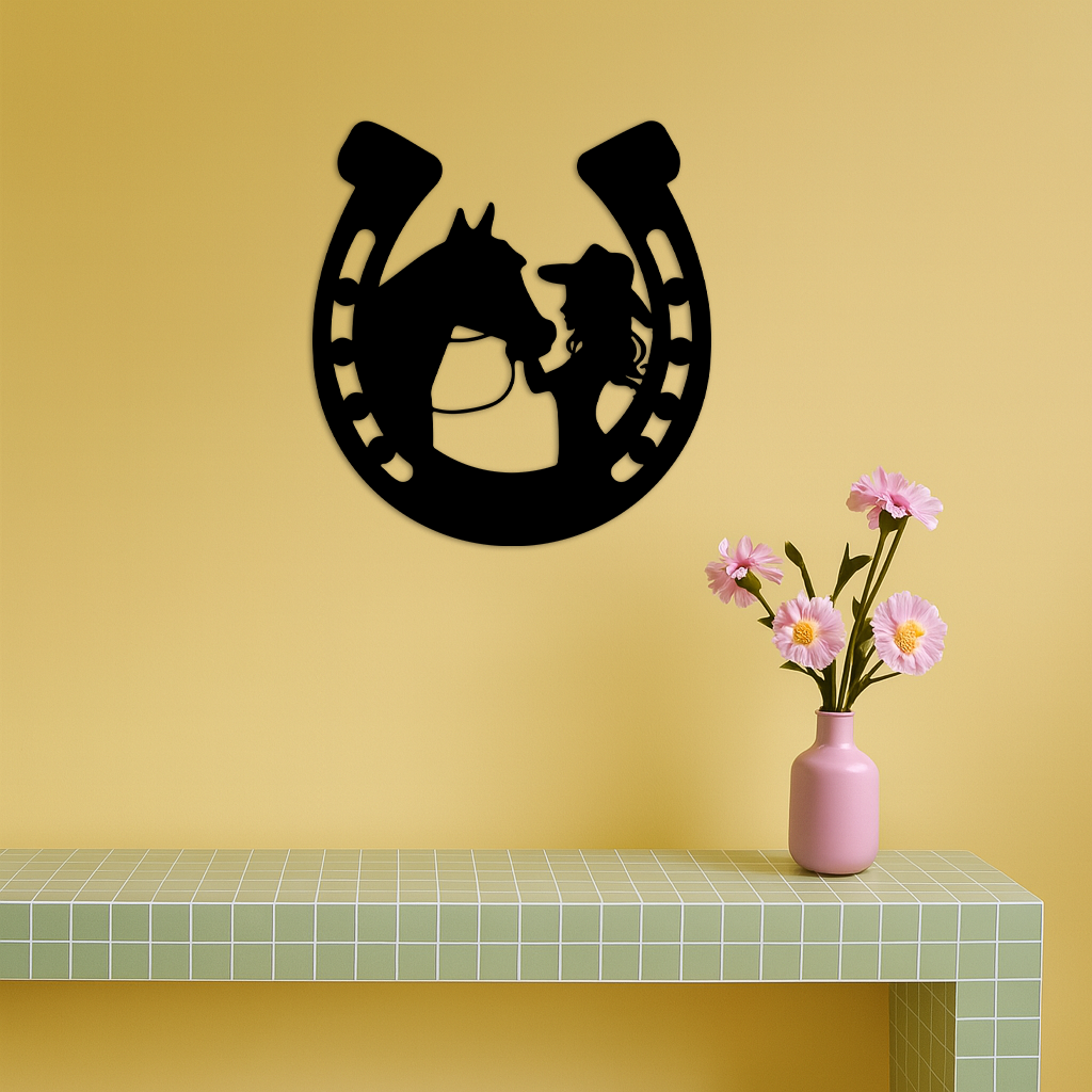 Pink Cowgirl and Horse Silhouette Metal Wall Art – Western Horseshoe Decor - KAFGP023