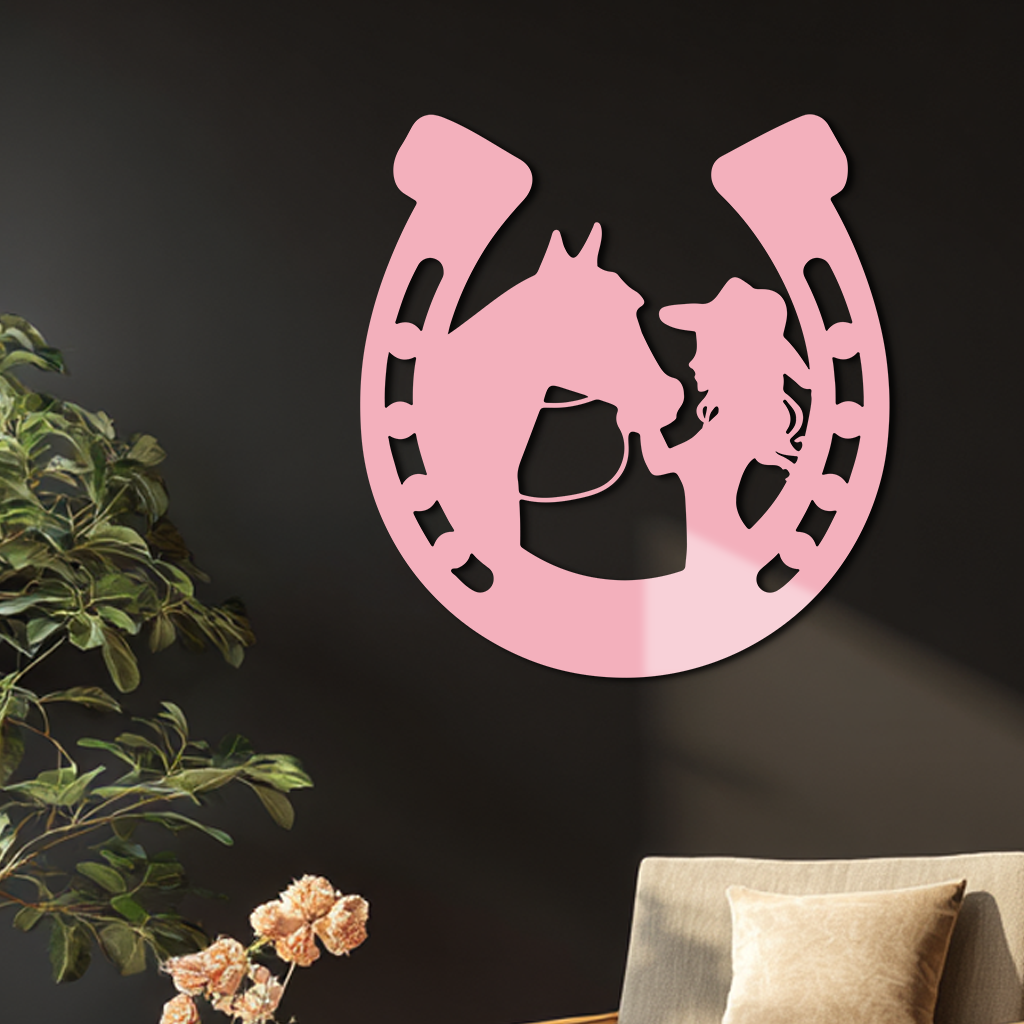 Image of Pink Cowgirl and Horse Silhouette Metal Wall Art – Western Horseshoe Decor - KAFGP023
