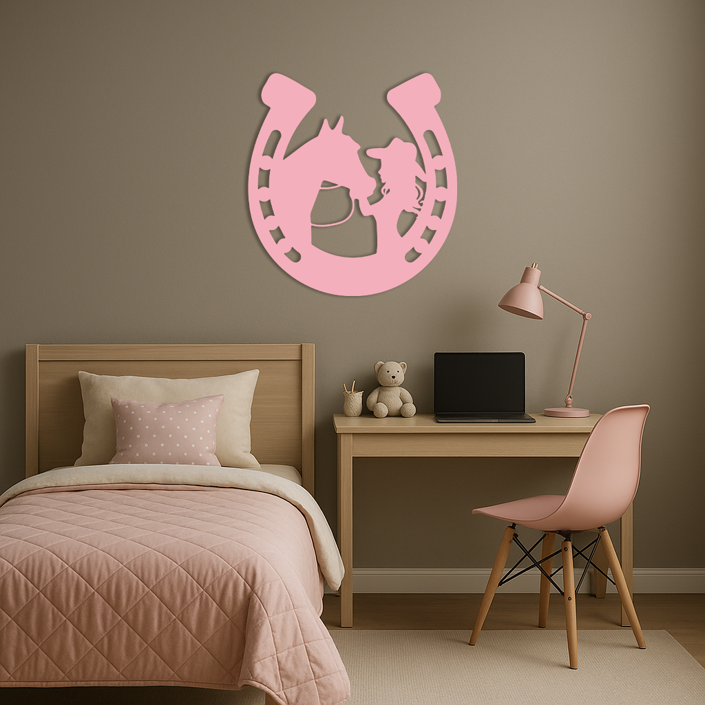 Image of Pink Cowgirl and Horse Silhouette Metal Wall Art – Western Horseshoe Decor - KAFGP023