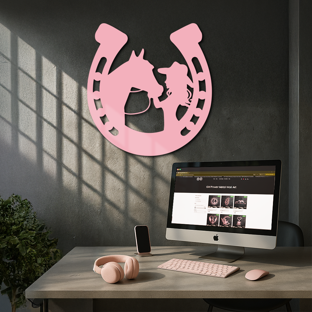 Pink Cowgirl and Horse Silhouette Metal Wall Art – Western Horseshoe Decor - KAFGP023