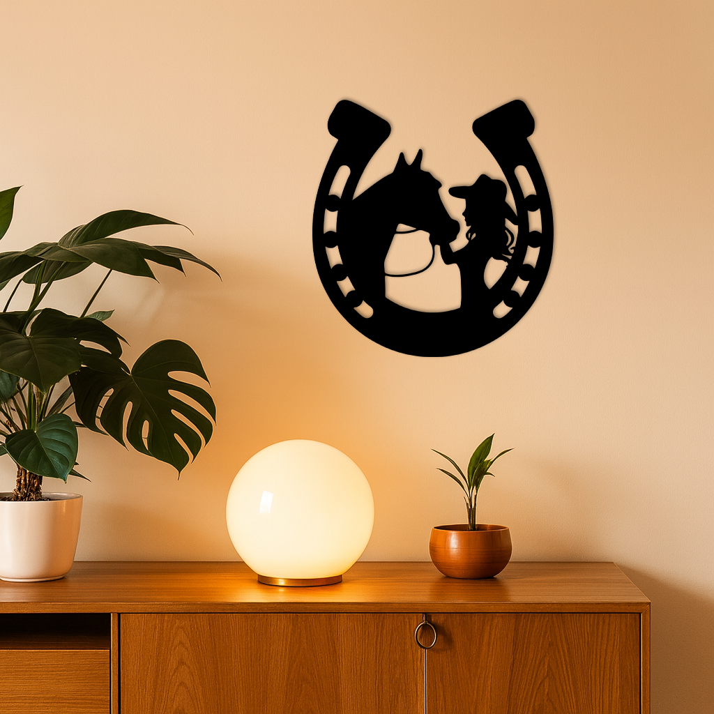 Image of Pink Cowgirl and Horse Silhouette Metal Wall Art – Western Horseshoe Decor - KAFGP023