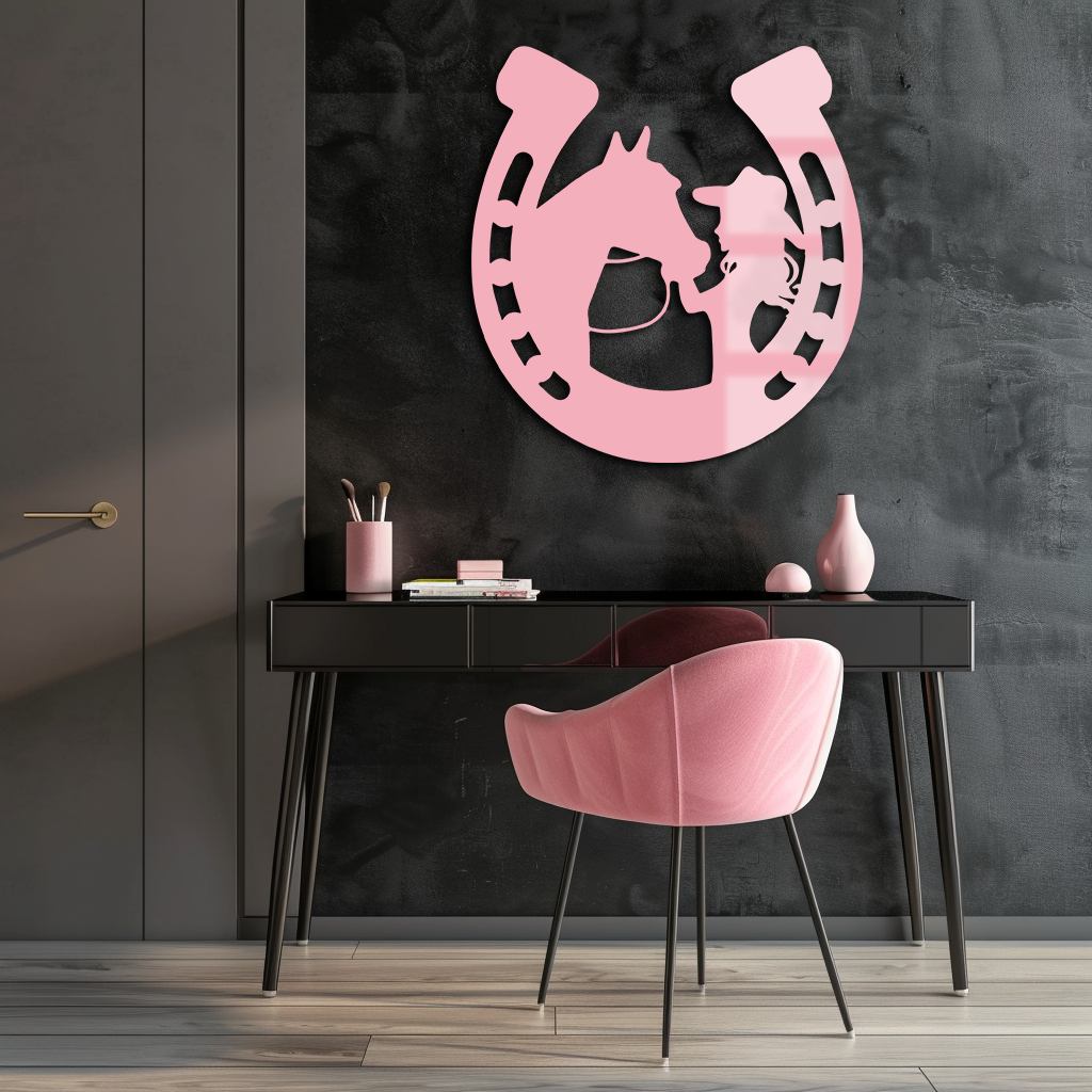 Pink Cowgirl and Horse Silhouette Metal Wall Art – Western Horseshoe Decor - KAFGP023