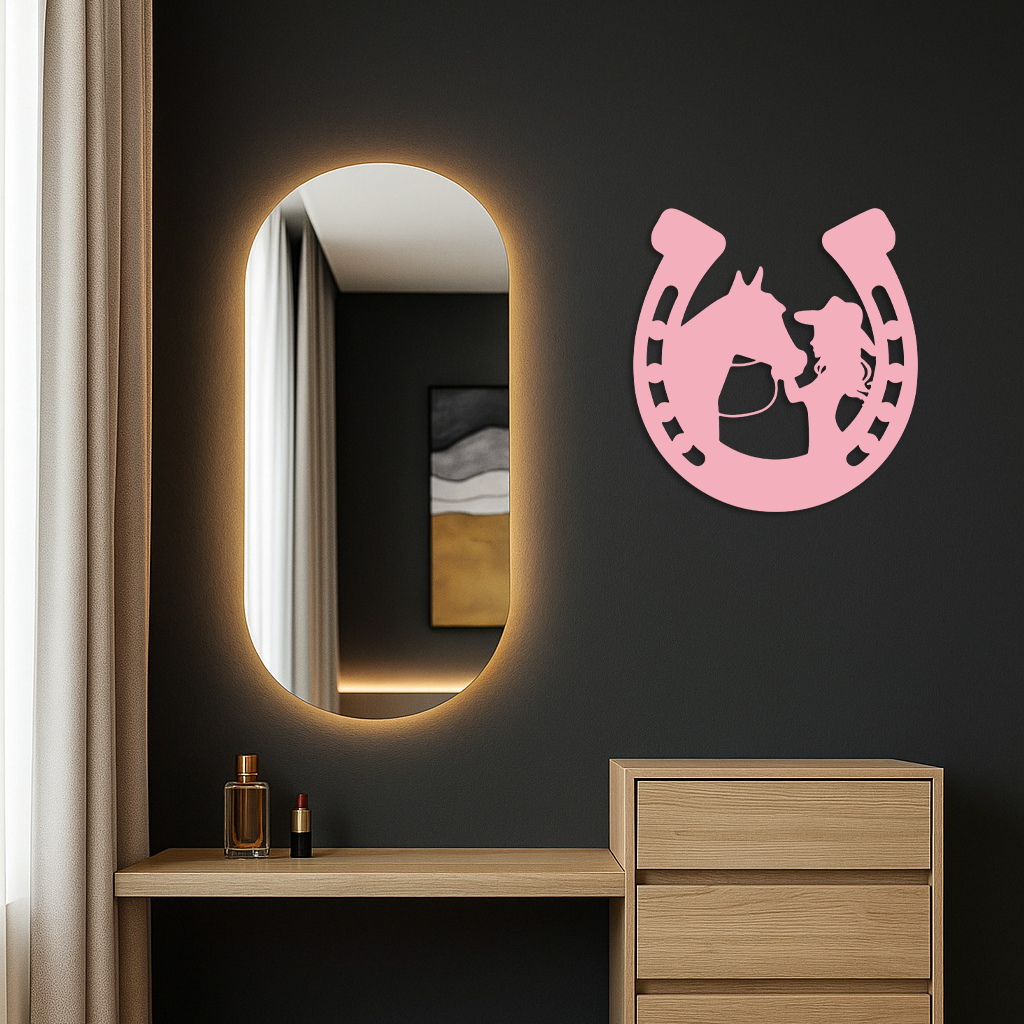 Pink Cowgirl and Horse Silhouette Metal Wall Art – Western Horseshoe Decor - KAFGP023