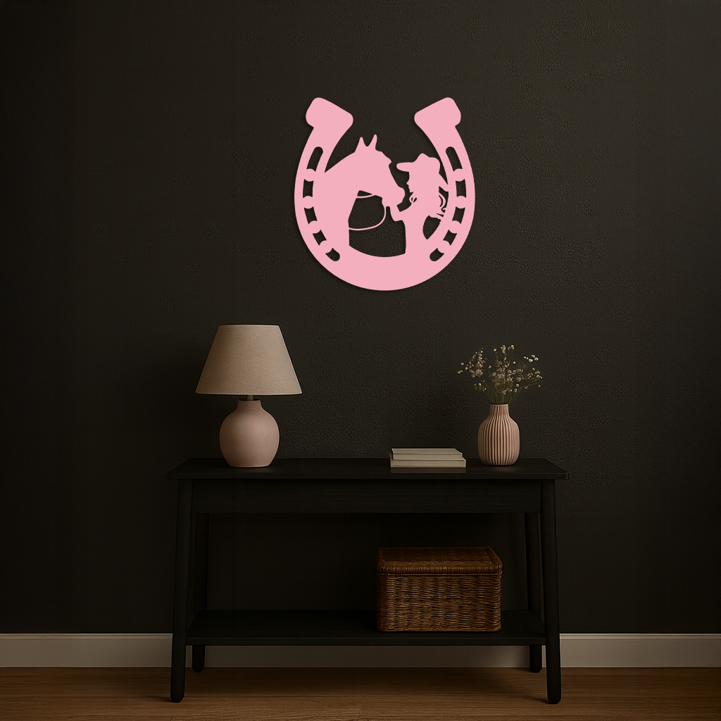 Image of Pink Cowgirl and Horse Silhouette Metal Wall Art – Western Horseshoe Decor - KAFGP023