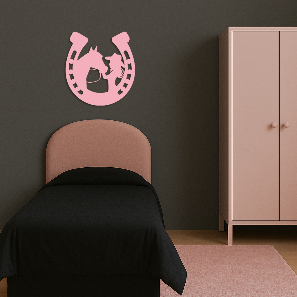 Image of Pink Cowgirl and Horse Silhouette Metal Wall Art – Western Horseshoe Decor - KAFGP023