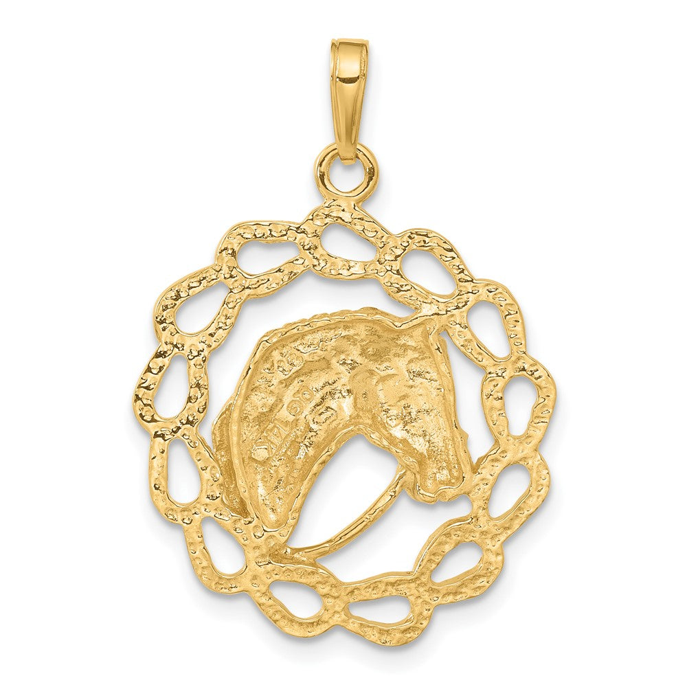 14k Yellow Gold Horse Head and Horseshoe Wreath Pendant, 24mm