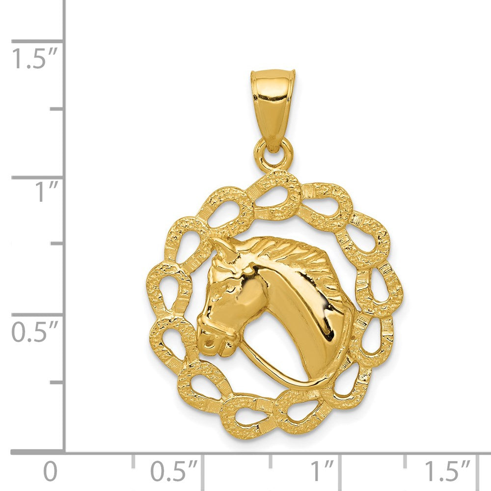 Image of 14k Yellow Gold Horse Head and Horseshoe Wreath Pendant, 24mm