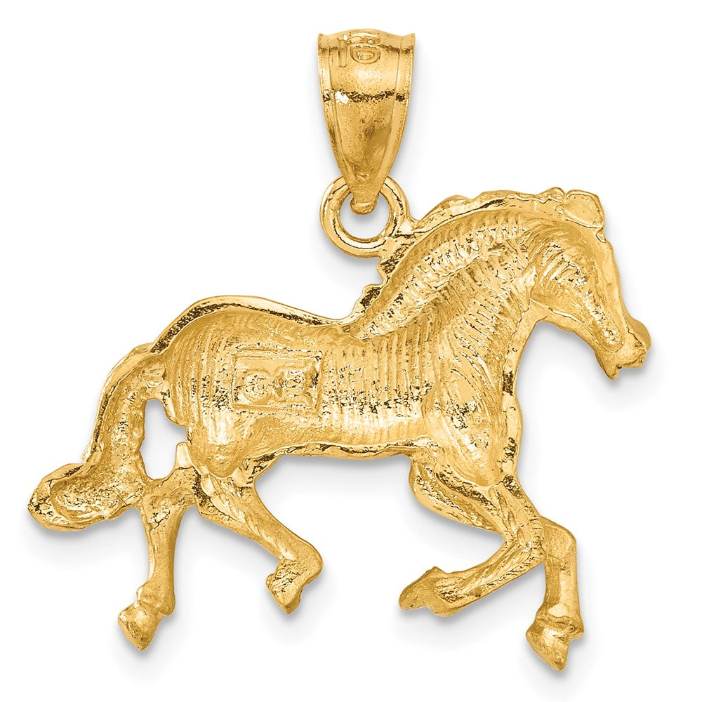 14k Yellow Gold Satin and Diamond Cut Horse Pendant, 22mm
