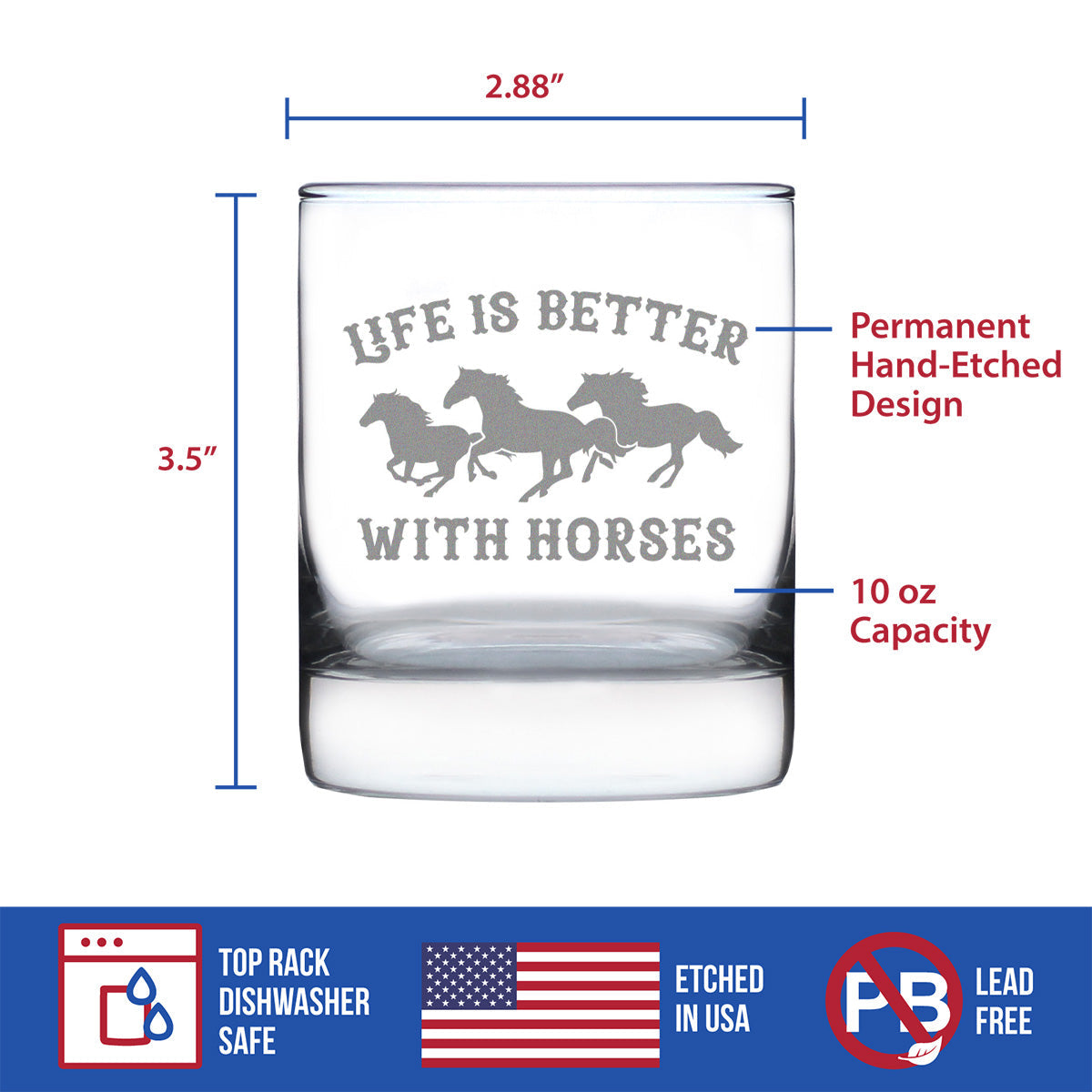 Image of Life Is Better With Horses - Whiskey Rocks Glass Gifts - Funny Horse Gifts and Decor for Men & Women - 10.25 Oz Glasses