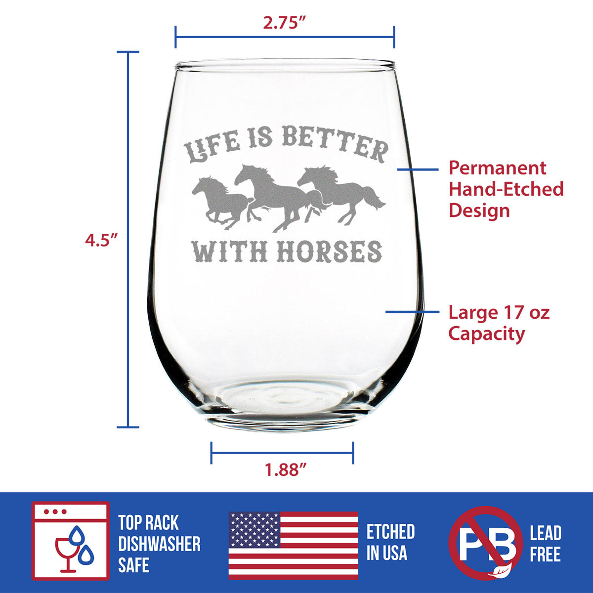 Life Is Better With Horses - Stemless Wine Glass - Funny Horse Gifts and Decor for Men & Women - Large 17 oz Glasses