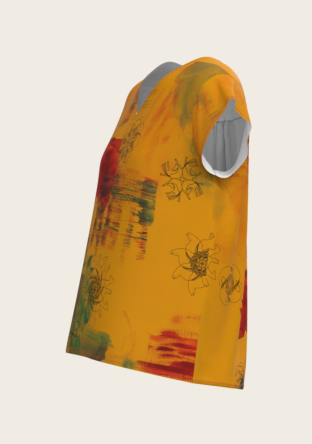 Image of Horse Flower Fair in Ochre Loose Fitting V Neck Shirt