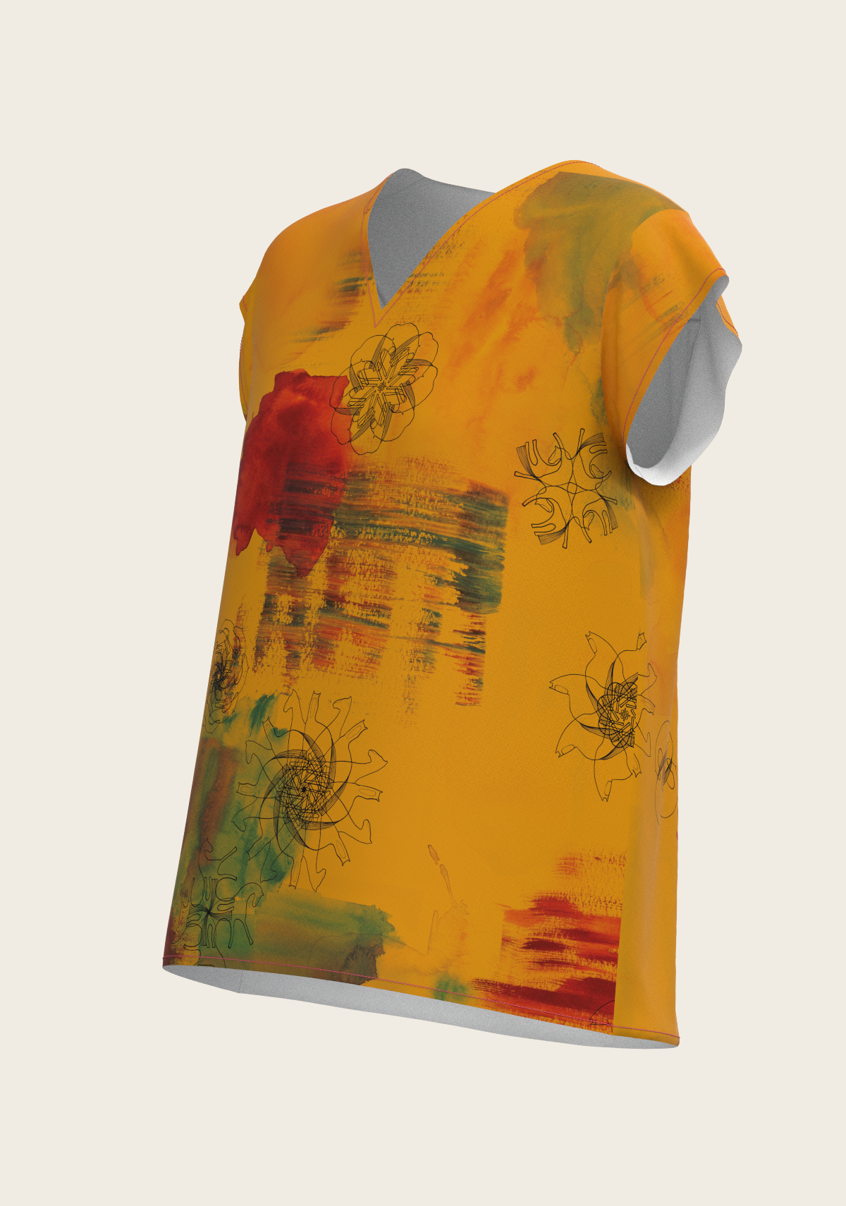 Image of Horse Flower Fair in Ochre Loose Fitting V Neck Shirt