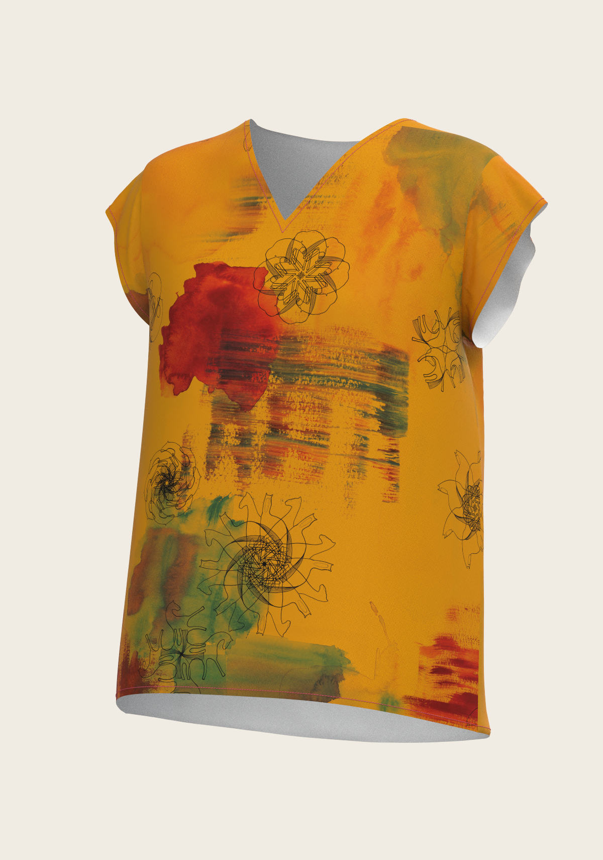 Image of Horse Flower Fair in Ochre Loose Fitting V Neck Shirt