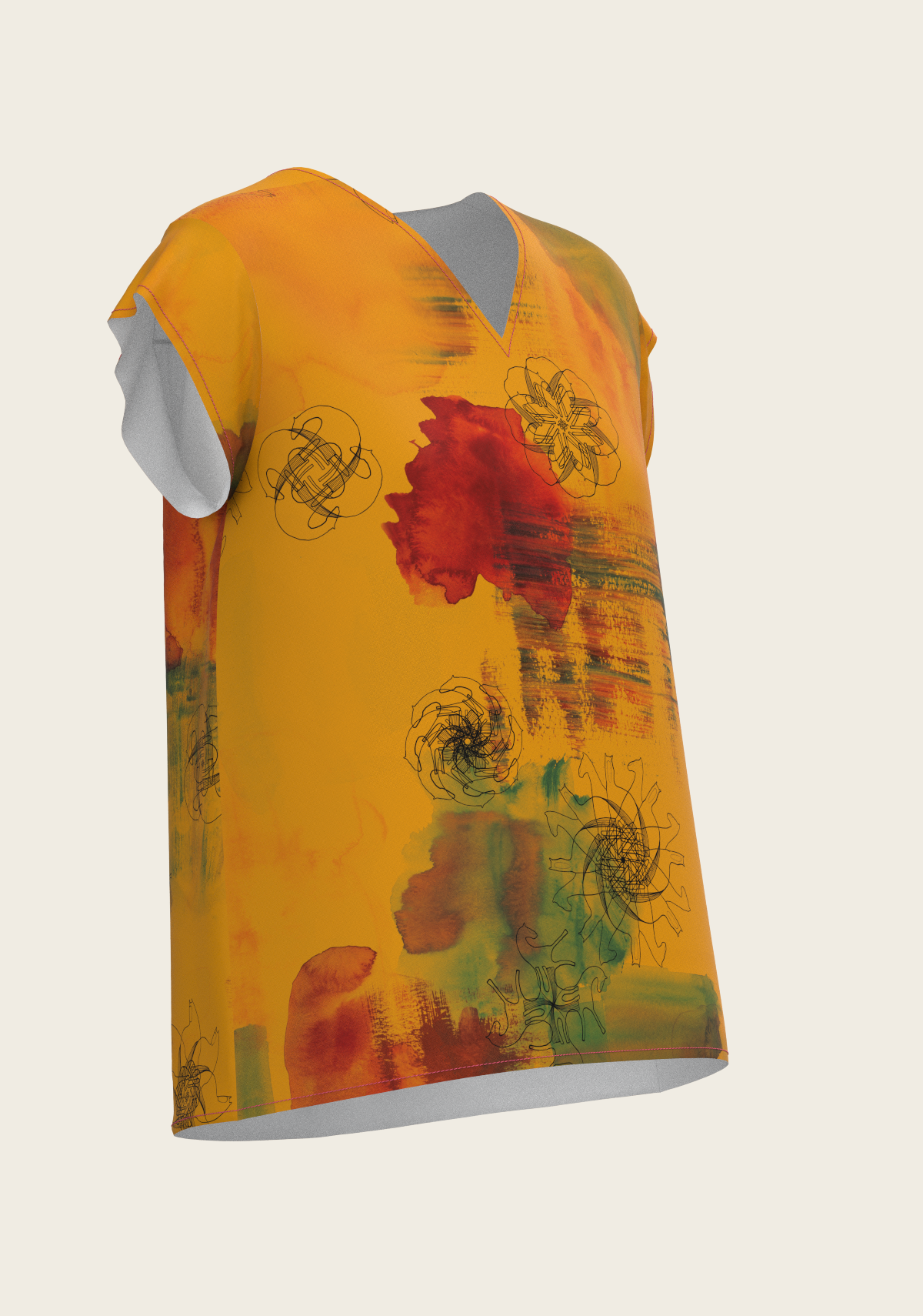 Image of Horse Flower Fair in Ochre Loose Fitting V Neck Shirt