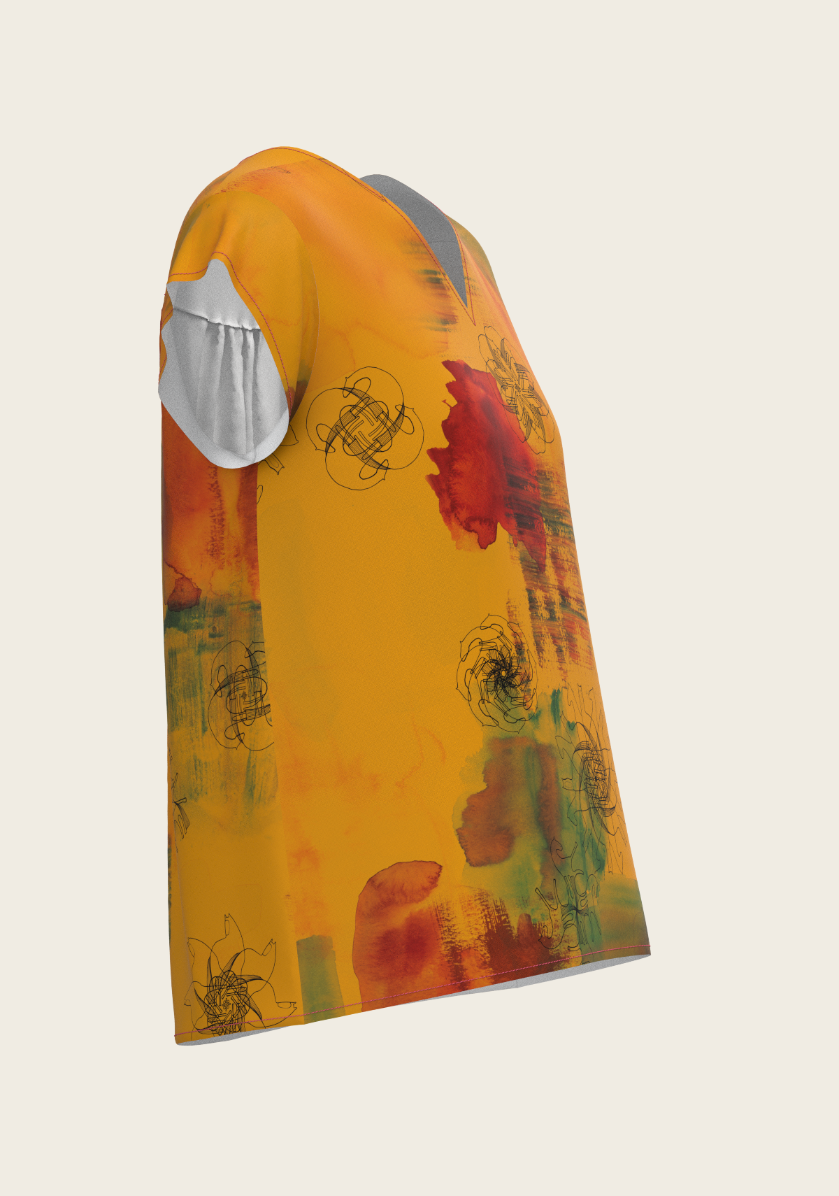 Image of Horse Flower Fair in Ochre Loose Fitting V Neck Shirt