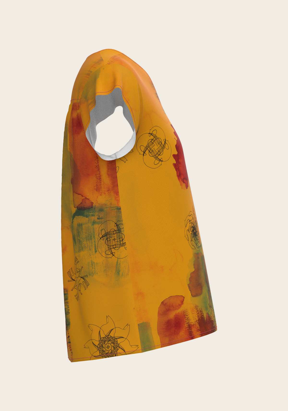 Horse Flower Fair in Ochre Loose Fitting V Neck Shirt