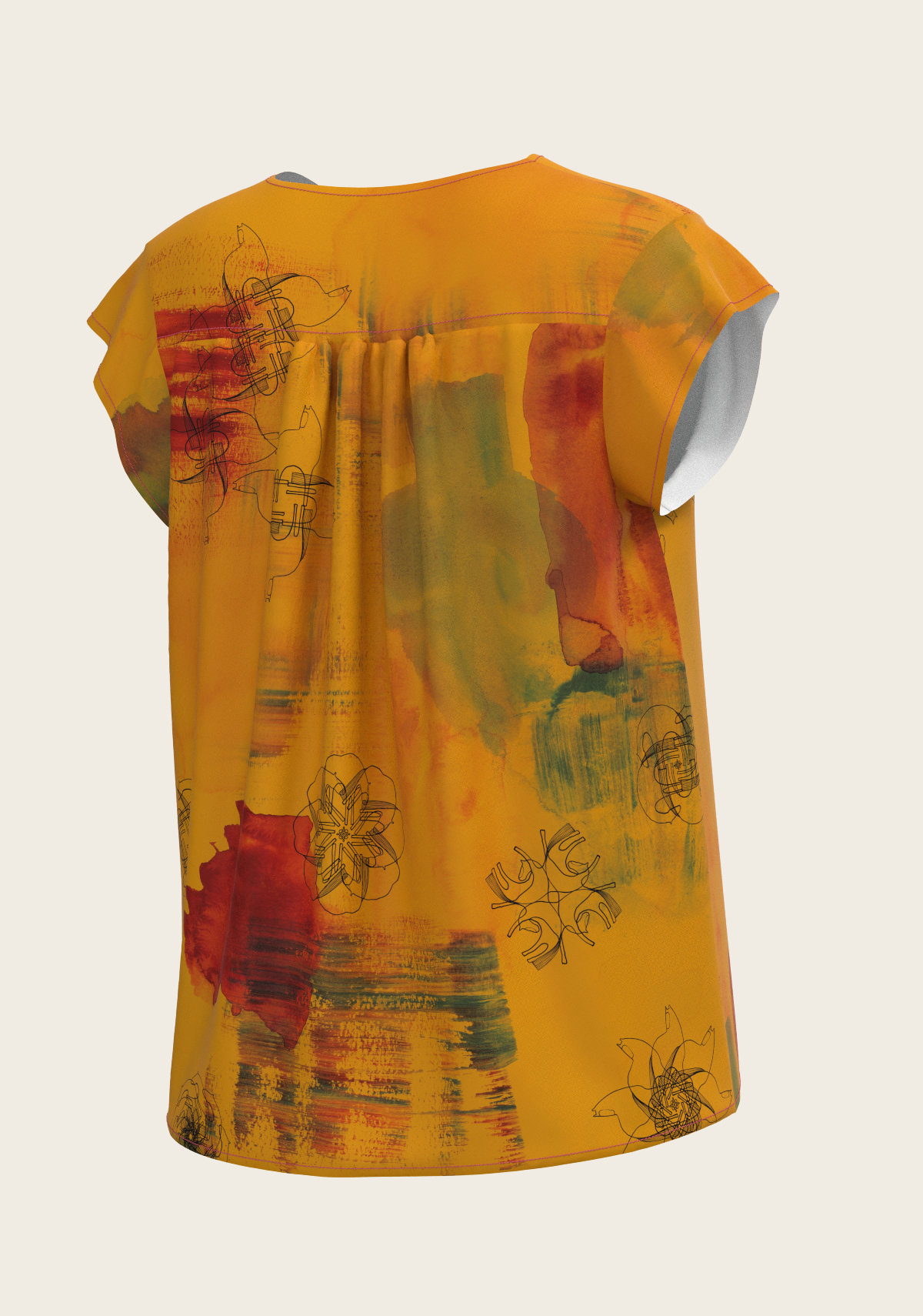 Image of Horse Flower Fair in Ochre Loose Fitting V Neck Shirt