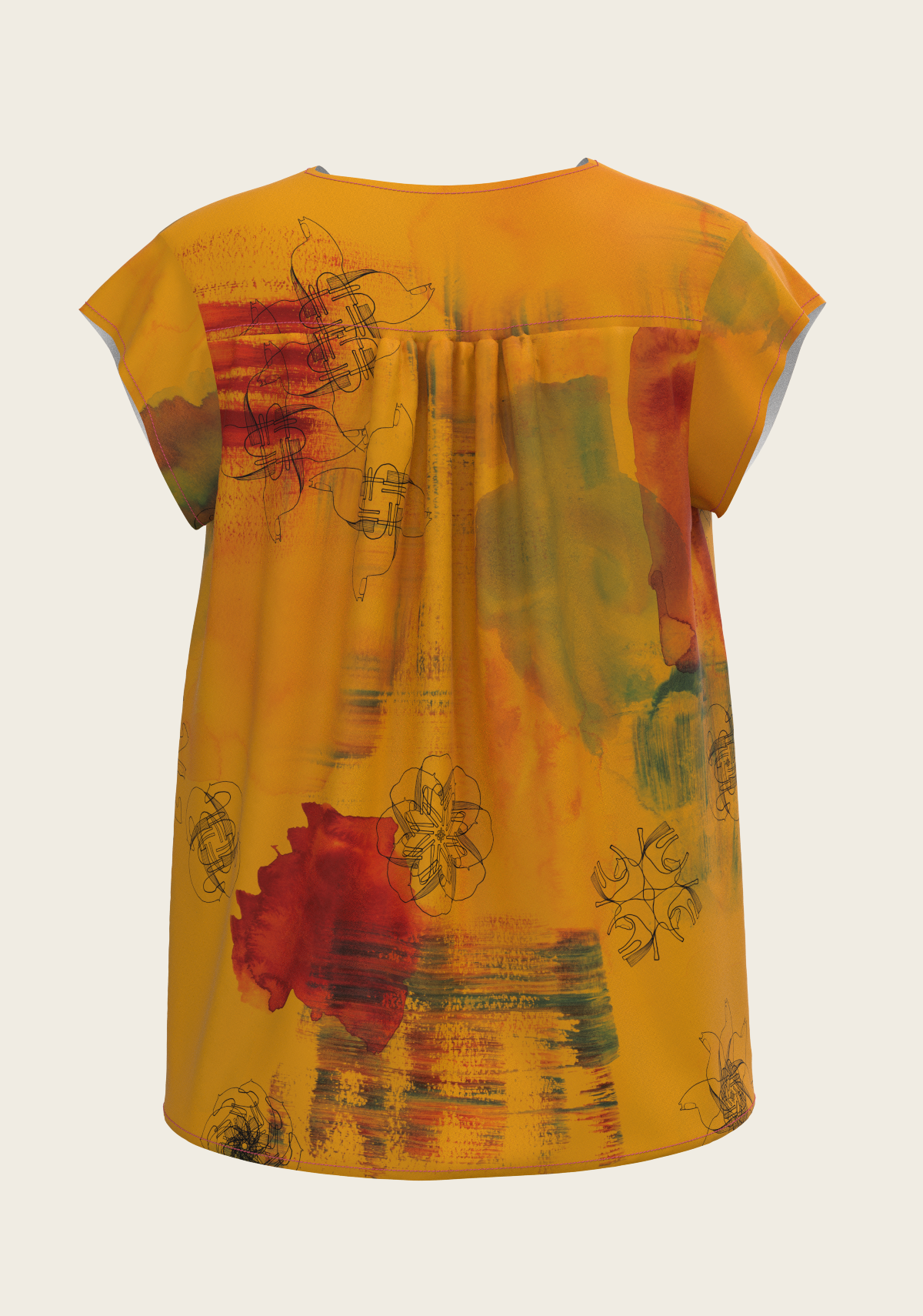 Image of Horse Flower Fair in Ochre Loose Fitting V Neck Shirt