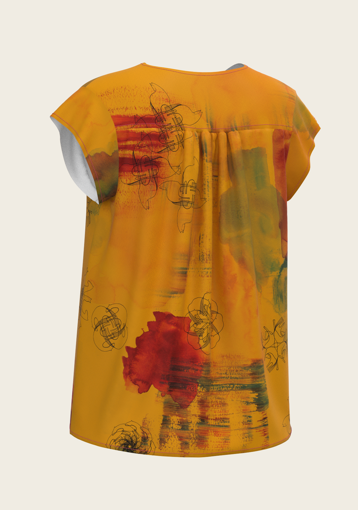Image of Horse Flower Fair in Ochre Loose Fitting V Neck Shirt