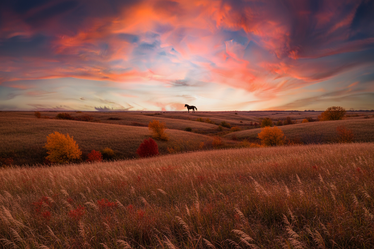 Image of a banner image that shows a prairie in fall with a horse on the horizon at sunset