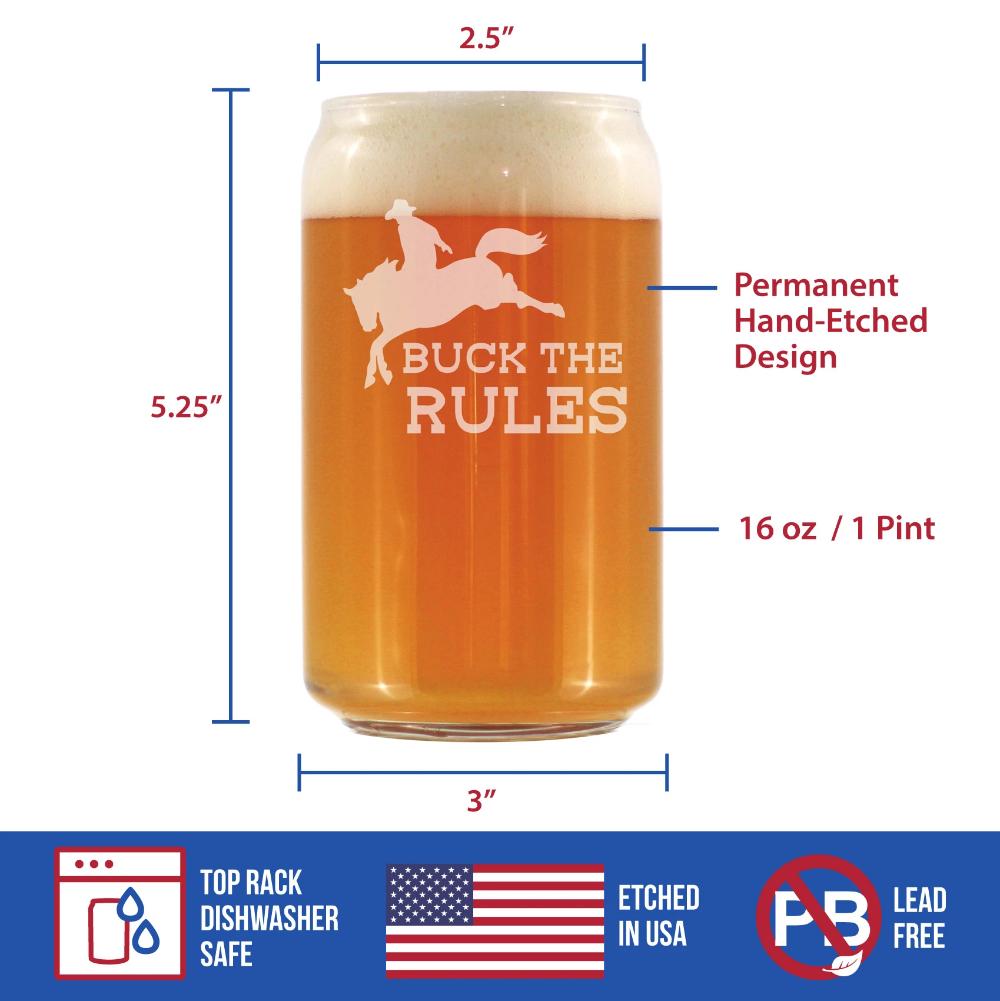 Buck the Rules - Funny Horse Beer Can Pint Glass Gifts for Men & Women - Fun Unique Equestrian Decor