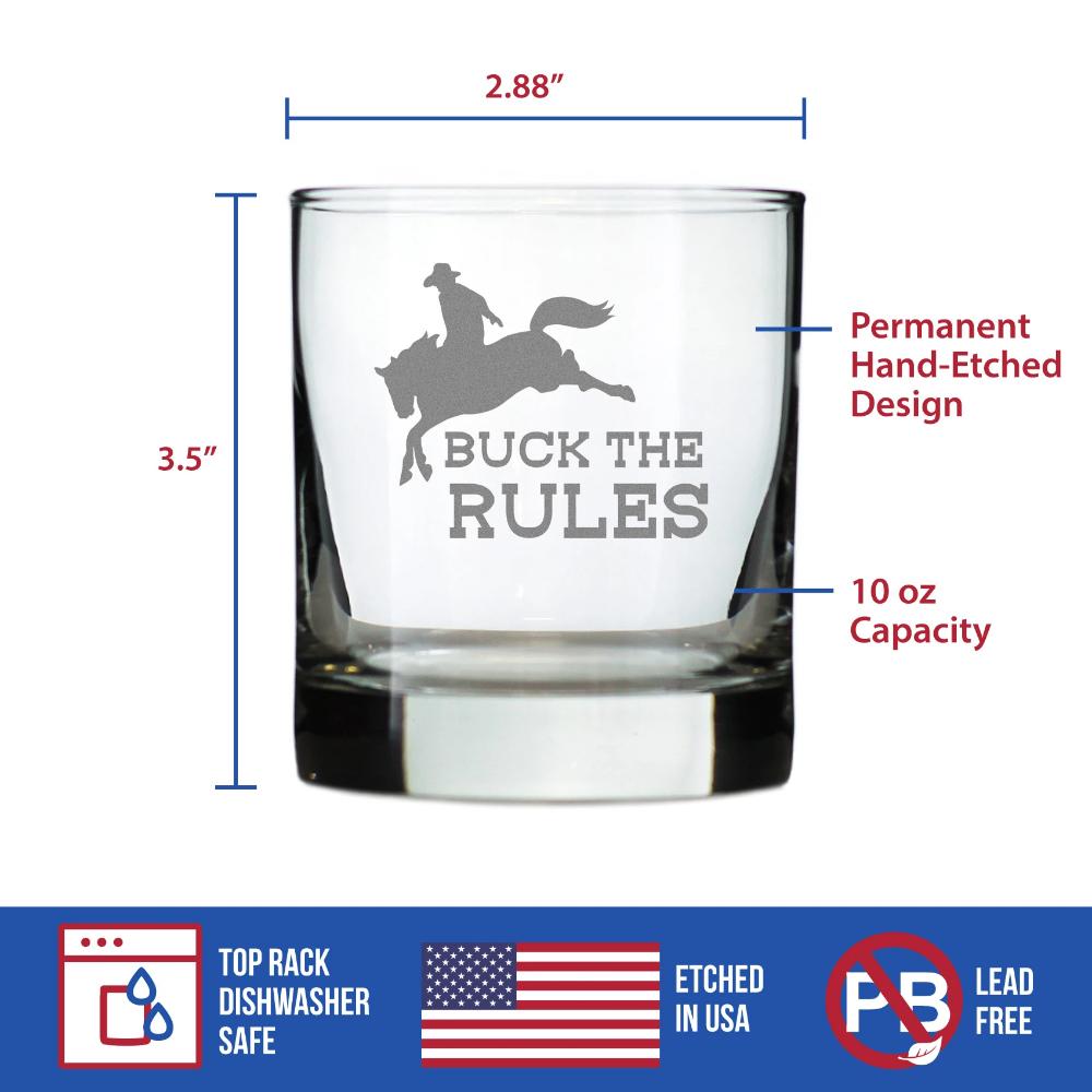 Image of Buck the Rules - Funny Horse Whiskey Rocks Glass Gifts for Men & Women - Fun Whisky Drinking Tumbler Decor