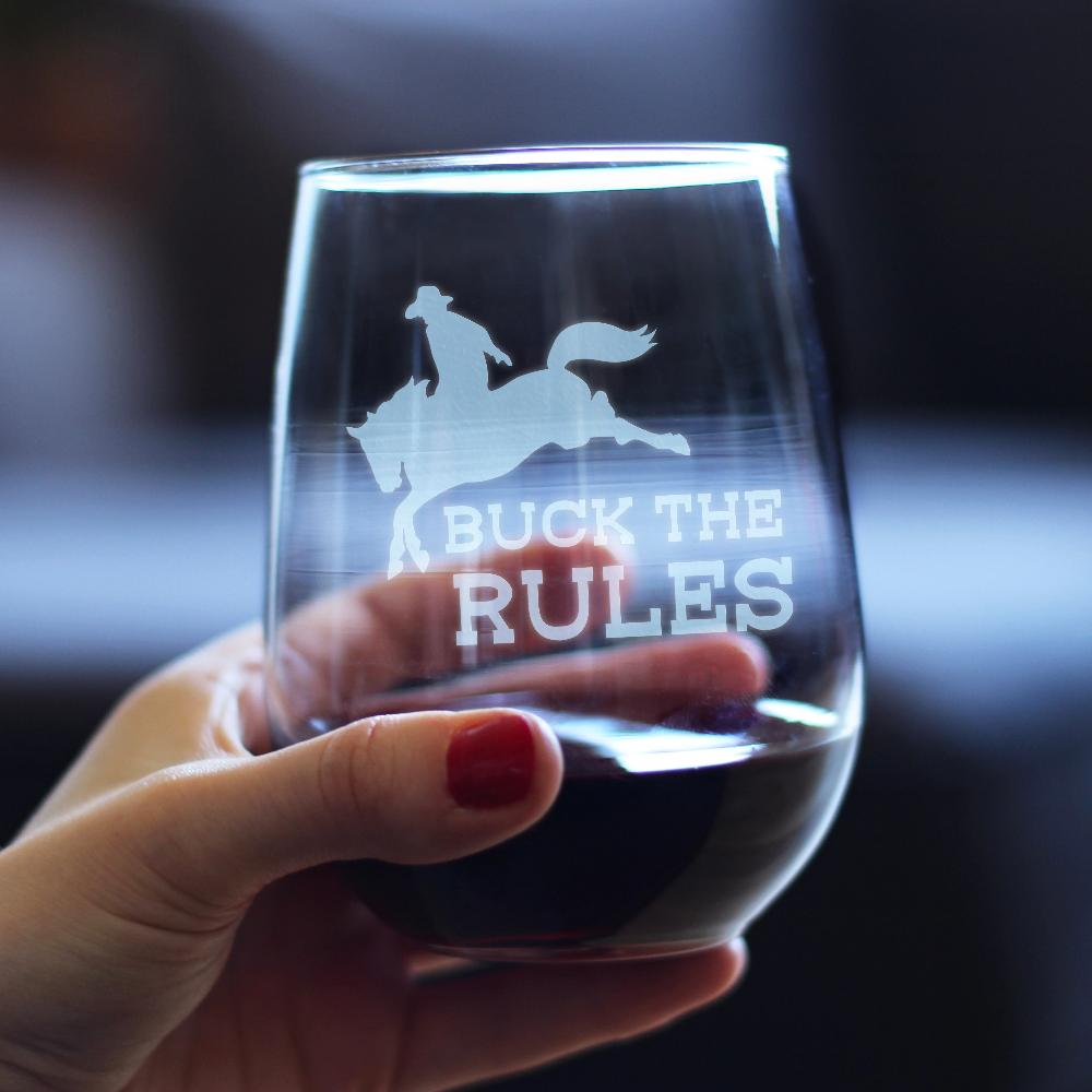 Image of Buck the Rules - Funny Horse Stemless Wine Glass for Women & Men - Cute Funny Bday Glasses for Lovers of Horses