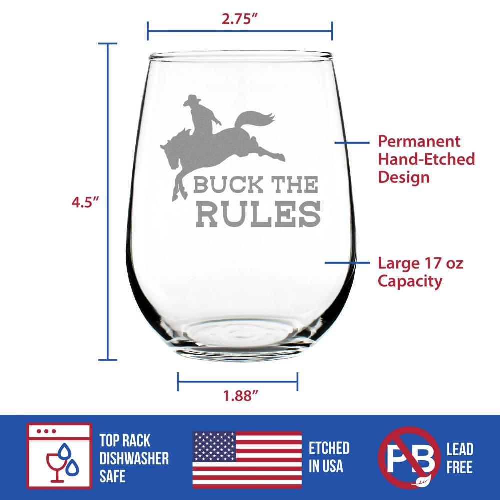 Image of Buck the Rules - Funny Horse Stemless Wine Glass for Women & Men - Cute Funny Bday Glasses for Lovers of Horses