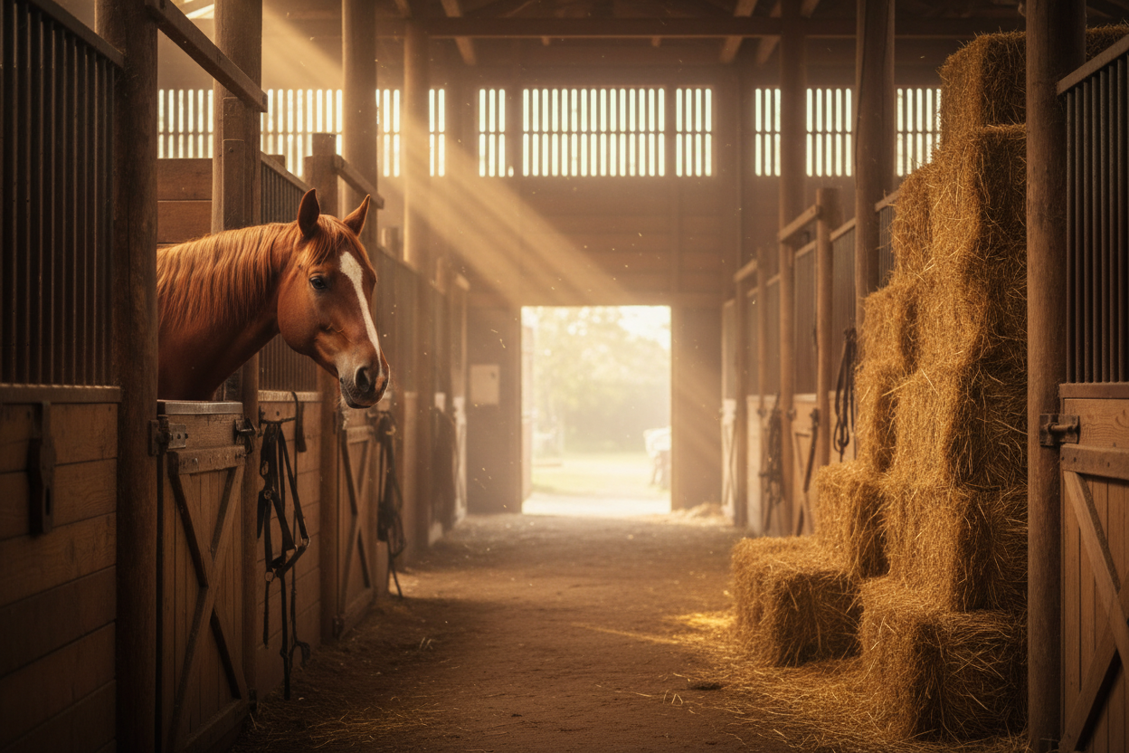 Image of Horse Barn, showing the stalls and hay on the side, with a horse peeking through.