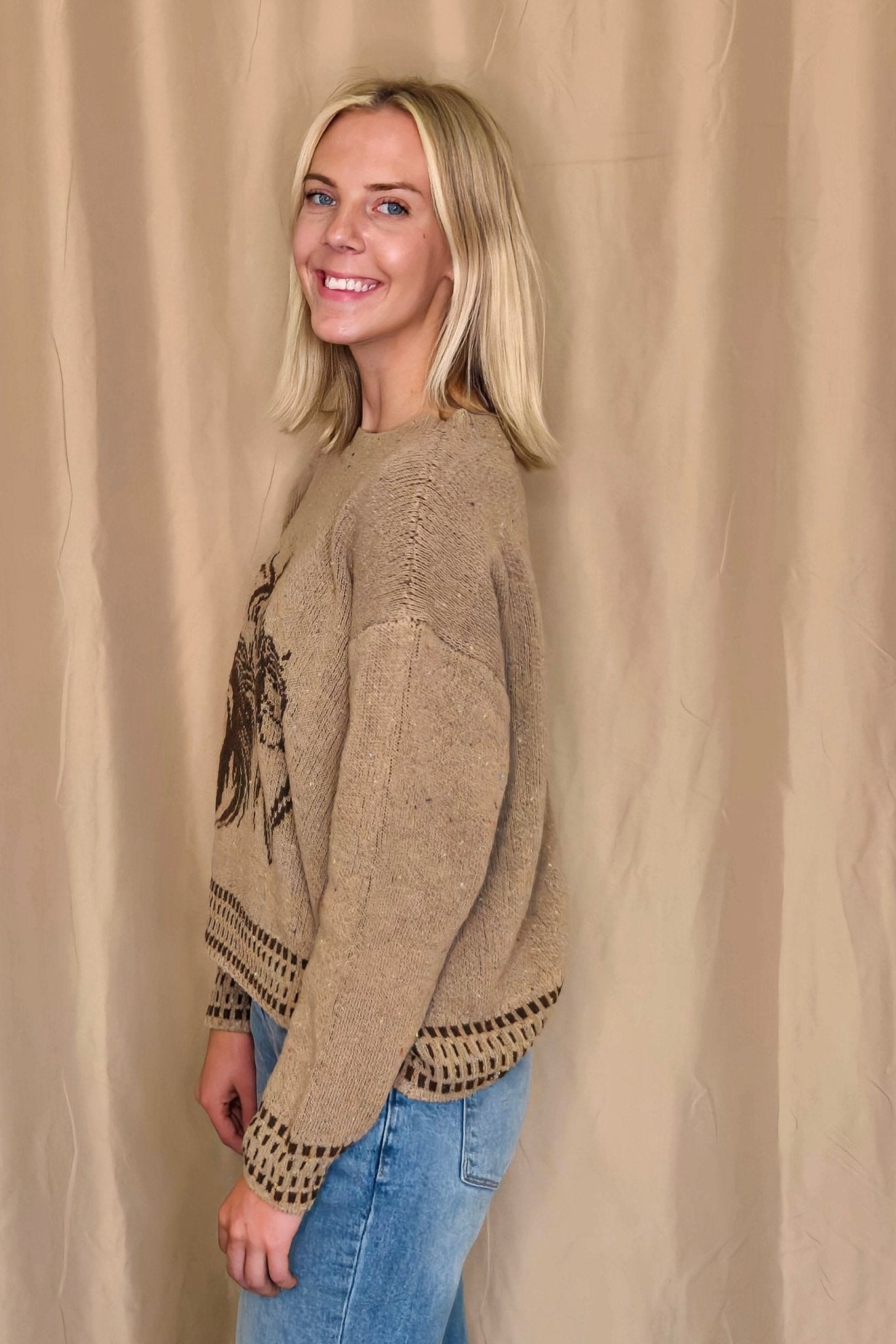 Horse Jacquard Long Long Sleeve Knit Sweater - Tan or Charcoal