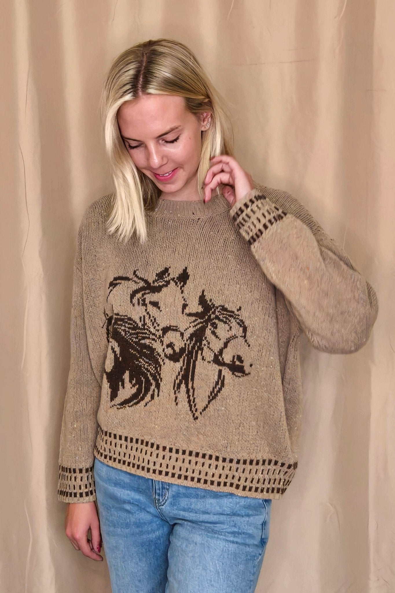 Image of Horse Jacquard Long Long Sleeve Knit Sweater - Tan or Charcoal