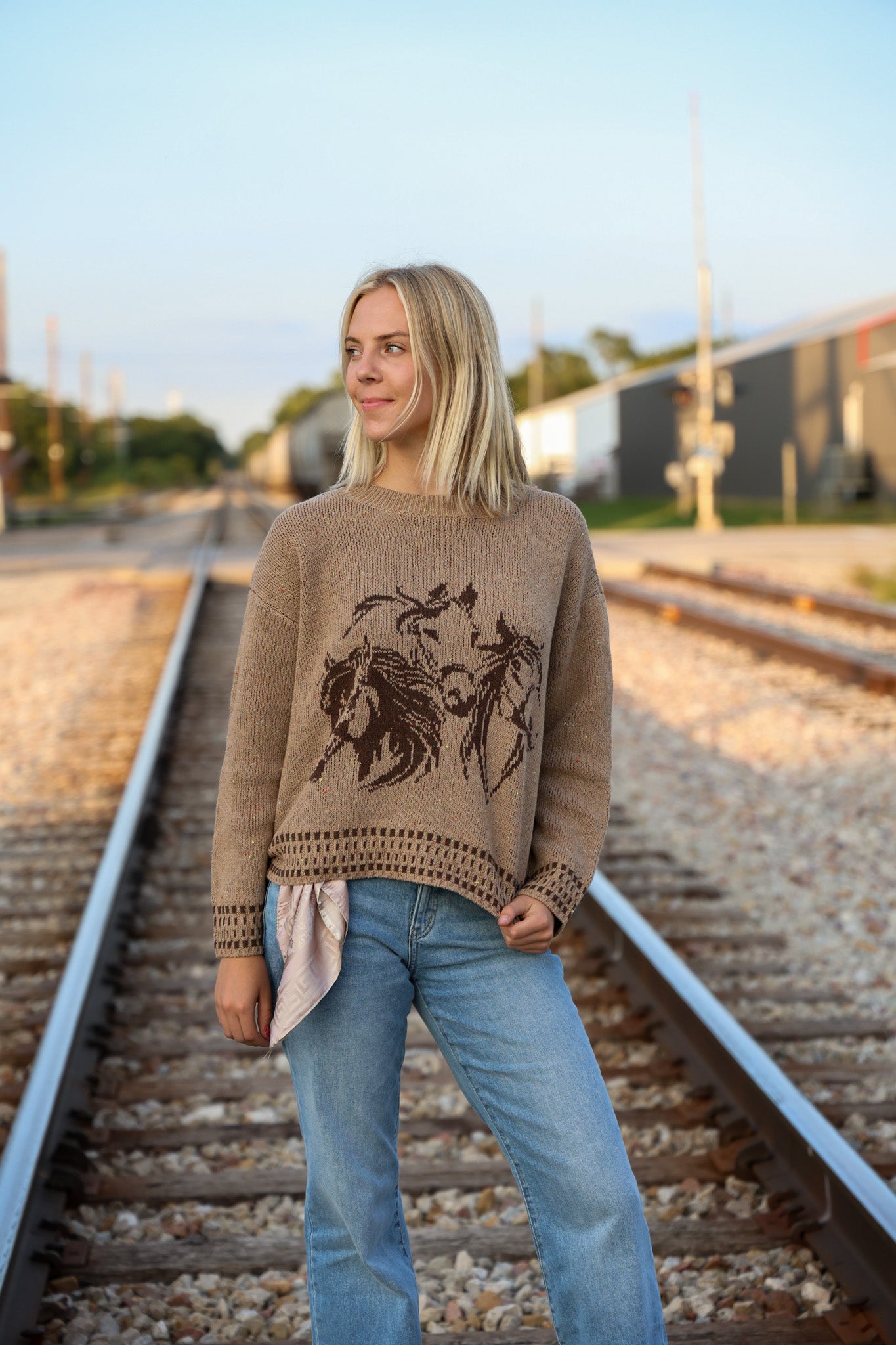 Image of Horse Jacquard Long Long Sleeve Knit Sweater - Tan or Charcoal