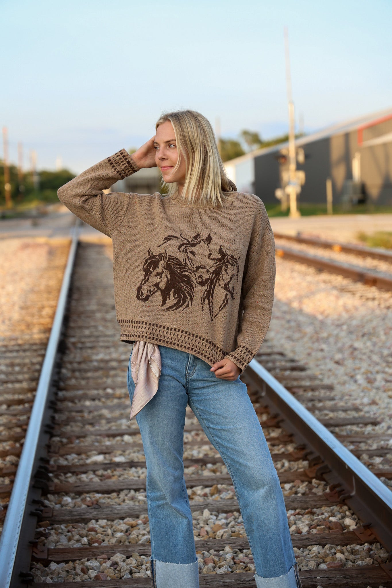 Image of Horse Jacquard Long Long Sleeve Knit Sweater - Tan or Charcoal