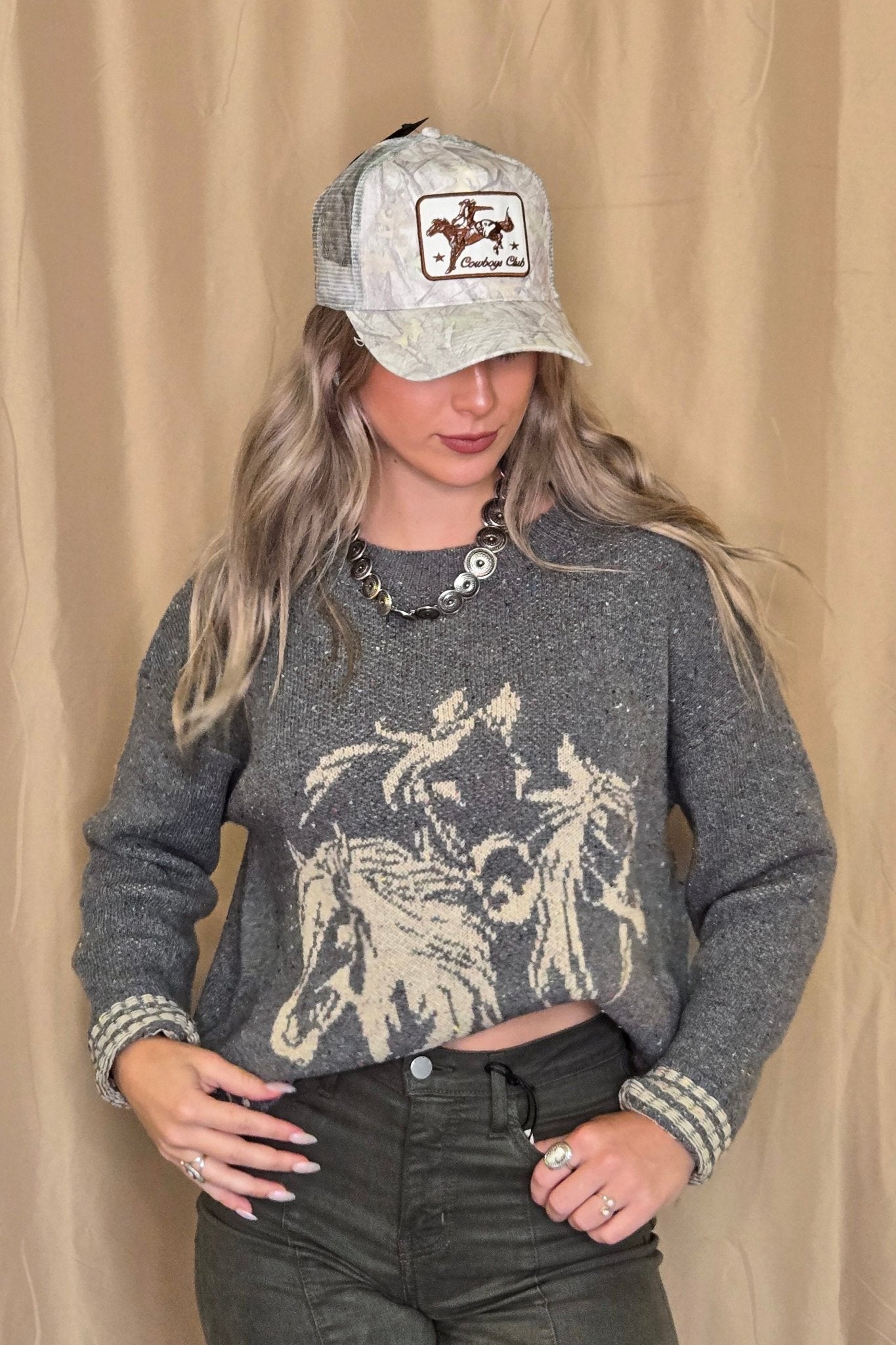 Horse Jacquard Long Long Sleeve Knit Sweater - Tan or Charcoal