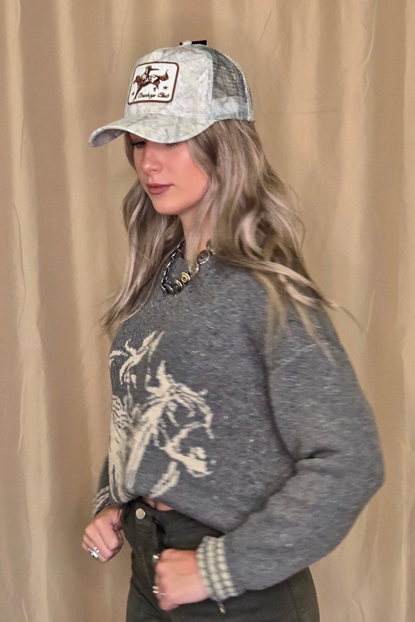 Image of Horse Jacquard Long Long Sleeve Knit Sweater - Tan or Charcoal