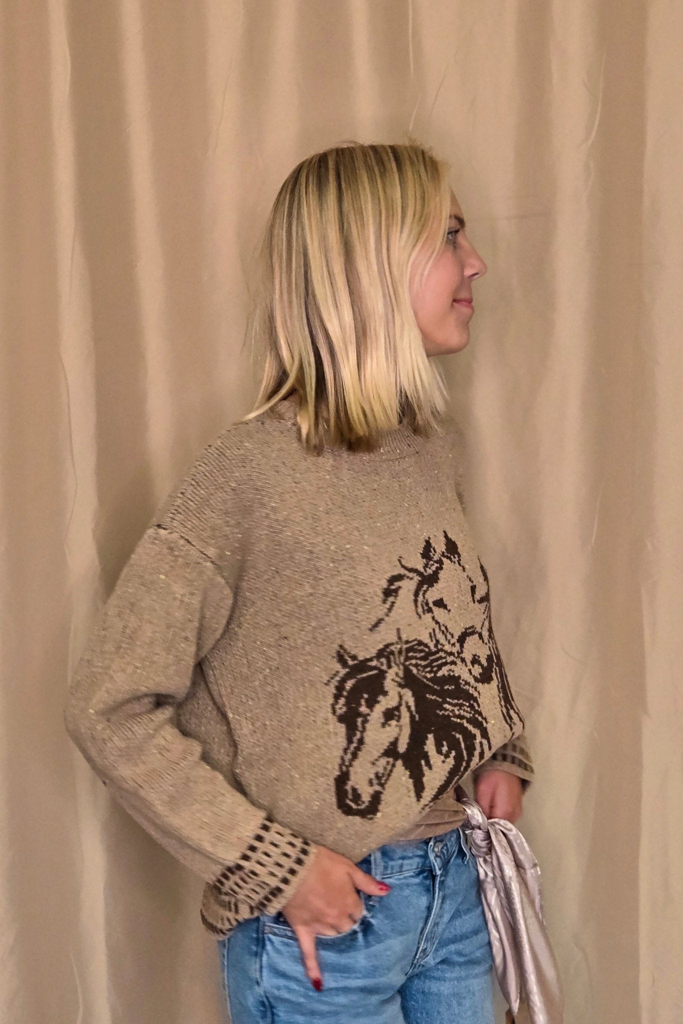 Image of Horse Jacquard Long Long Sleeve Knit Sweater - Tan or Charcoal
