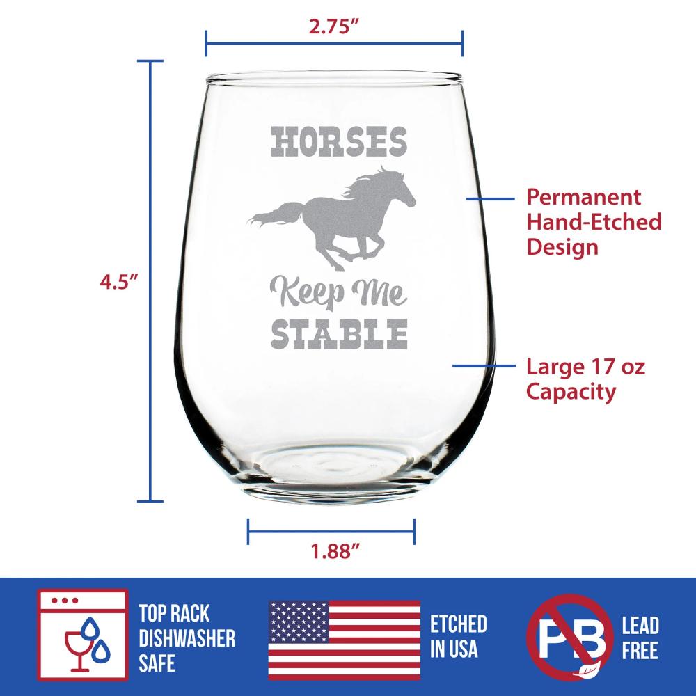 Image of Horses Keep Me Stable – Cute Funny Stemless Wine Glass, Large 17 Ounces, Etched Sayings, Gift Box