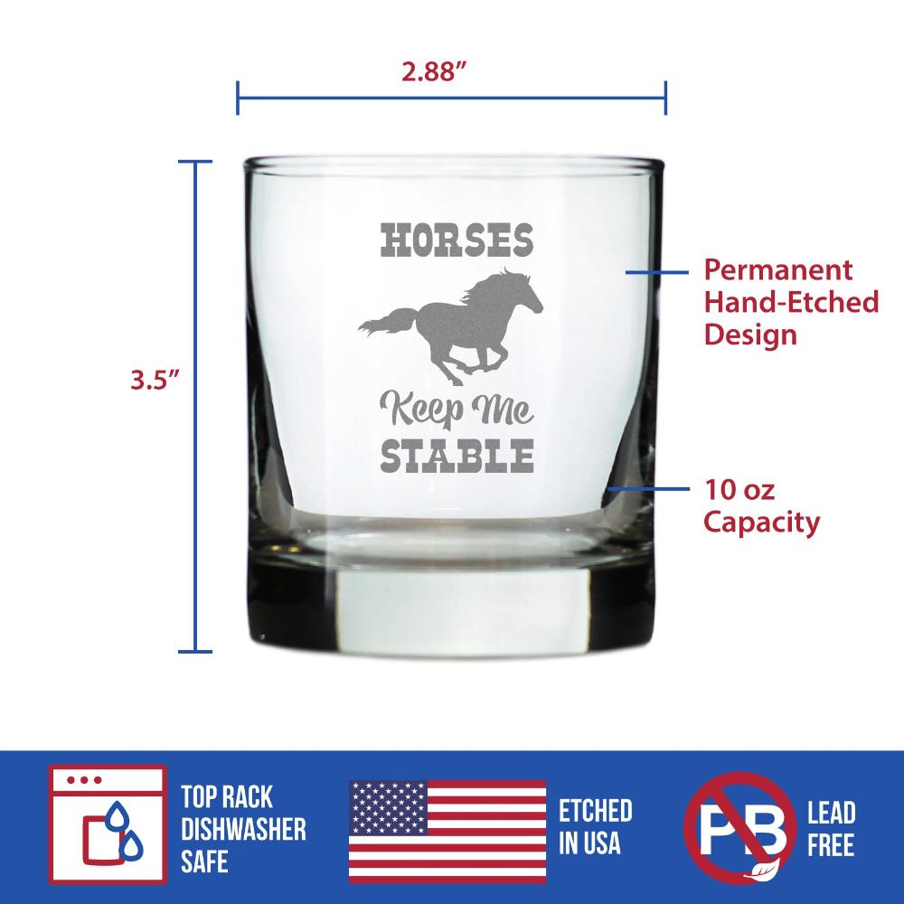 Image of Horses Keep Me Stable - Funny Horse Whiskey Rocks Glass Gifts for Men & Women - Fun Whisky Drinking Tumbler Décor