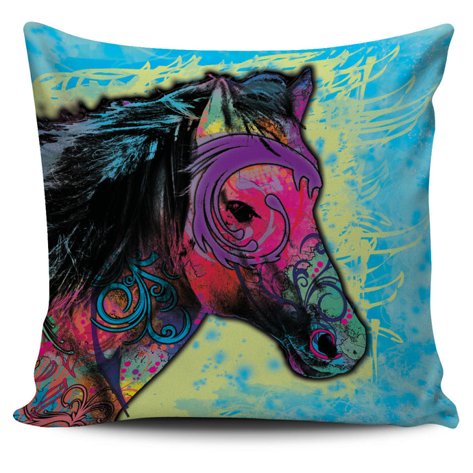 Blue Tribal Horse Pillow Cover
