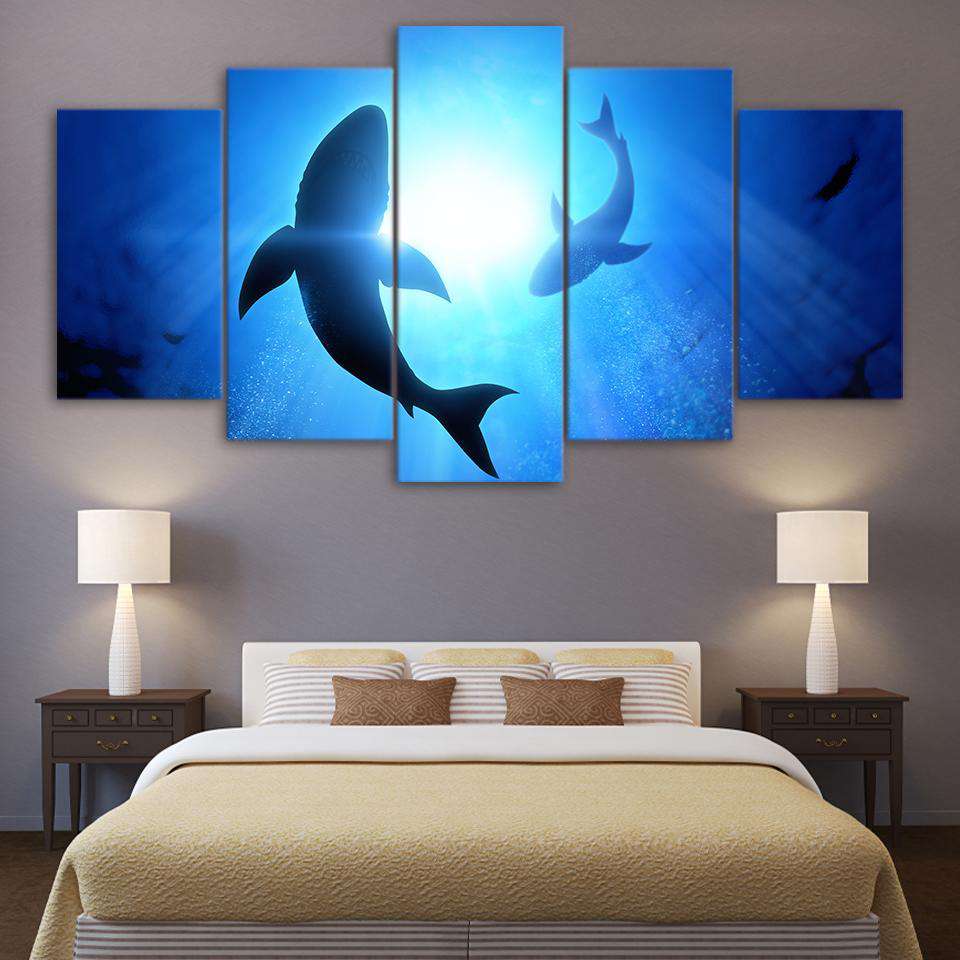 art with swimming Sharks wall decor
