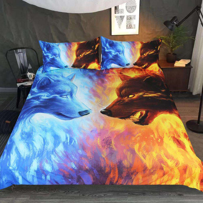 bed set with opposite Wolves displaying painted 